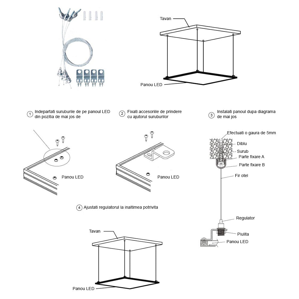 Set tiranti suspendare panou LED SilverCloud P0606 4 fire otel