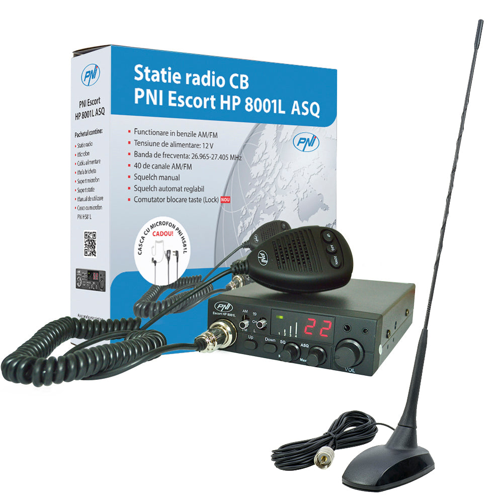 Kit Statie radio CB PNI ESCORT HP 8001L ASQ + Antena CB PNI Extra 48 cu magnet