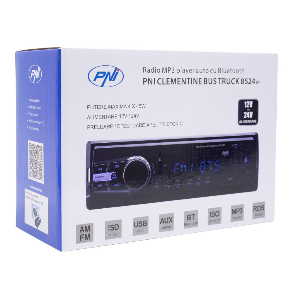 Radio MP3 player auto PNI Clementine Bus Truck 8524BT RDS 4x45w 12V/24V 1 DIN cu SD, USB, AUX, RCA si Bluetooth