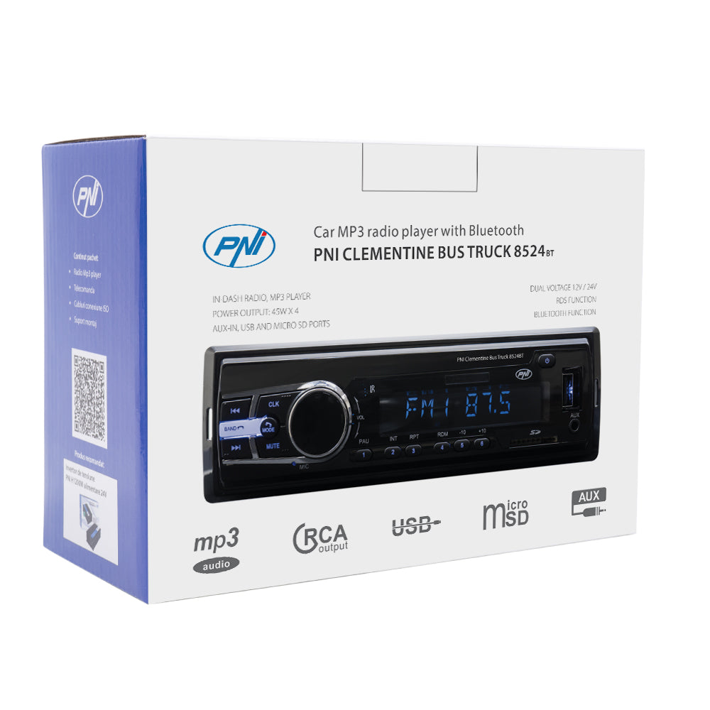 Radio MP3 player auto PNI Clementine Bus Truck 8524BT RDS 4x45w 12V/24V 1 DIN cu SD, USB, AUX, RCA si Bluetooth