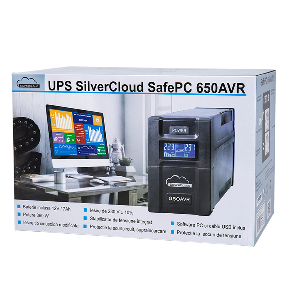 UPS SilverCloud SafePC 650AVR putere 360W ecran LCD software monitorizare PC