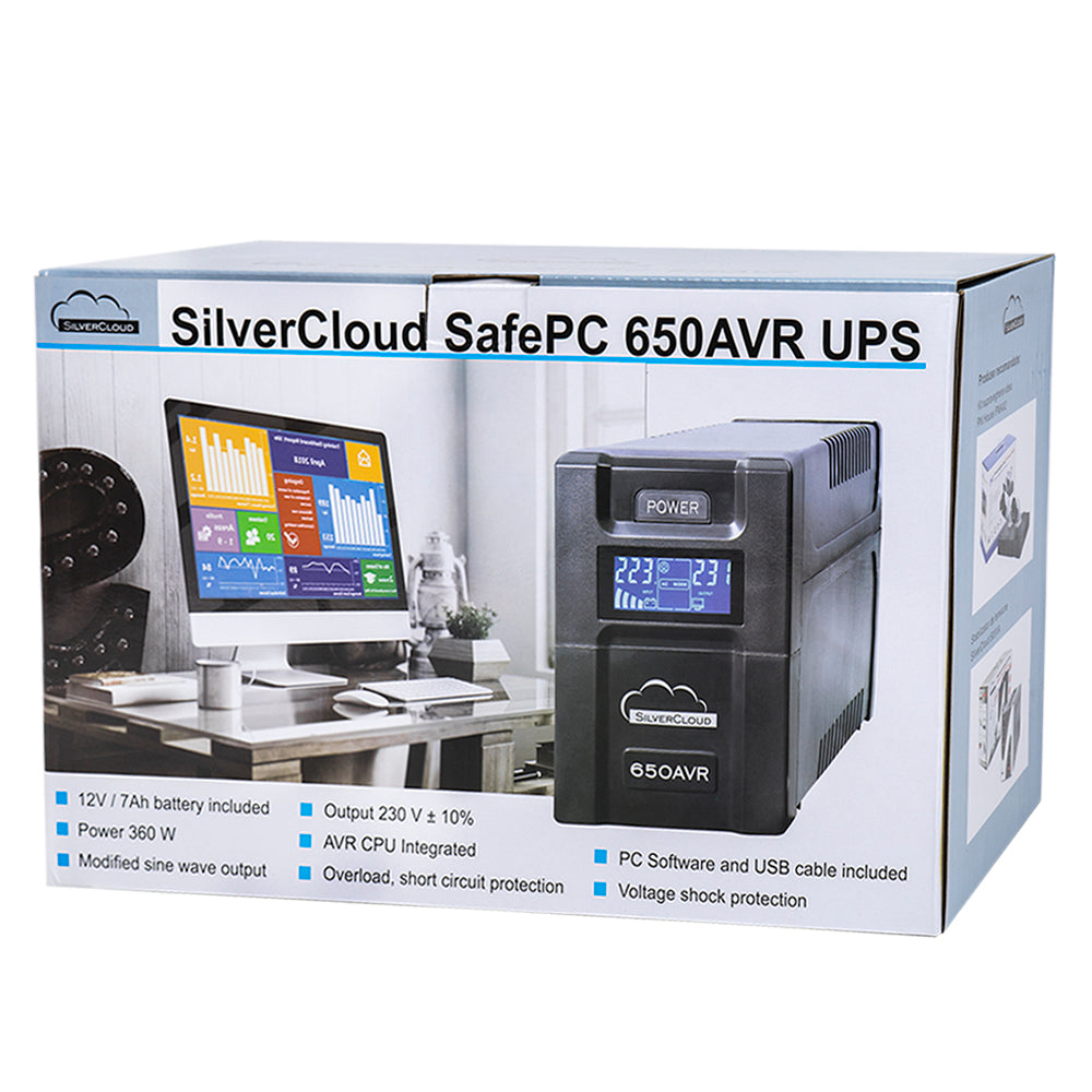 UPS SilverCloud SafePC 650AVR putere 360W ecran LCD software monitorizare PC