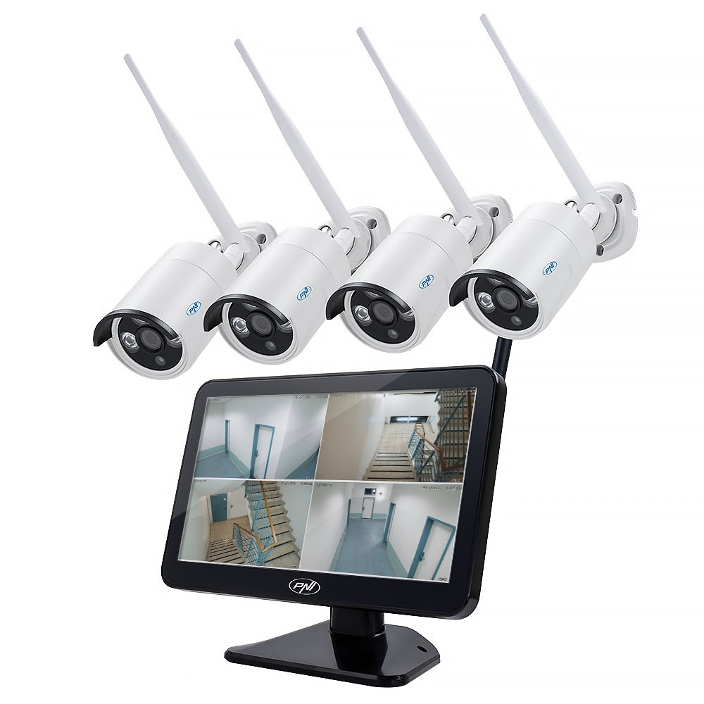 Kit supraveghere video PNI House WiFi650 - 4 camere Full HD Wi-Fi P2P si monitor LCD 12 inch