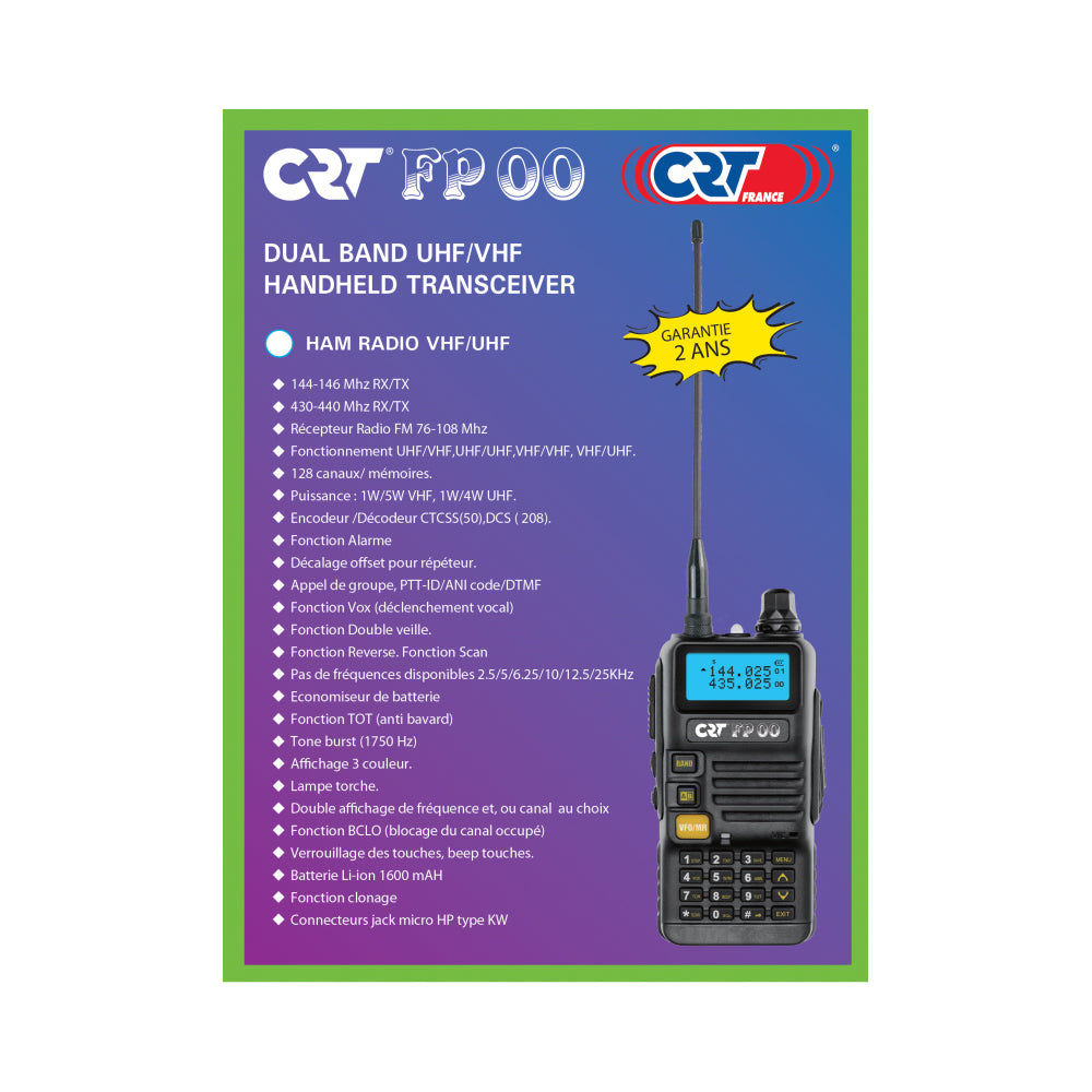 Statie radio VHF/UHF portabila CRT FP00 dual band 144-146 si 430-440 MHz negru, VOX, 128 canale, Scan, Programabila, Lanterna, FM radio 76-108 MHz, TOT, Repeater