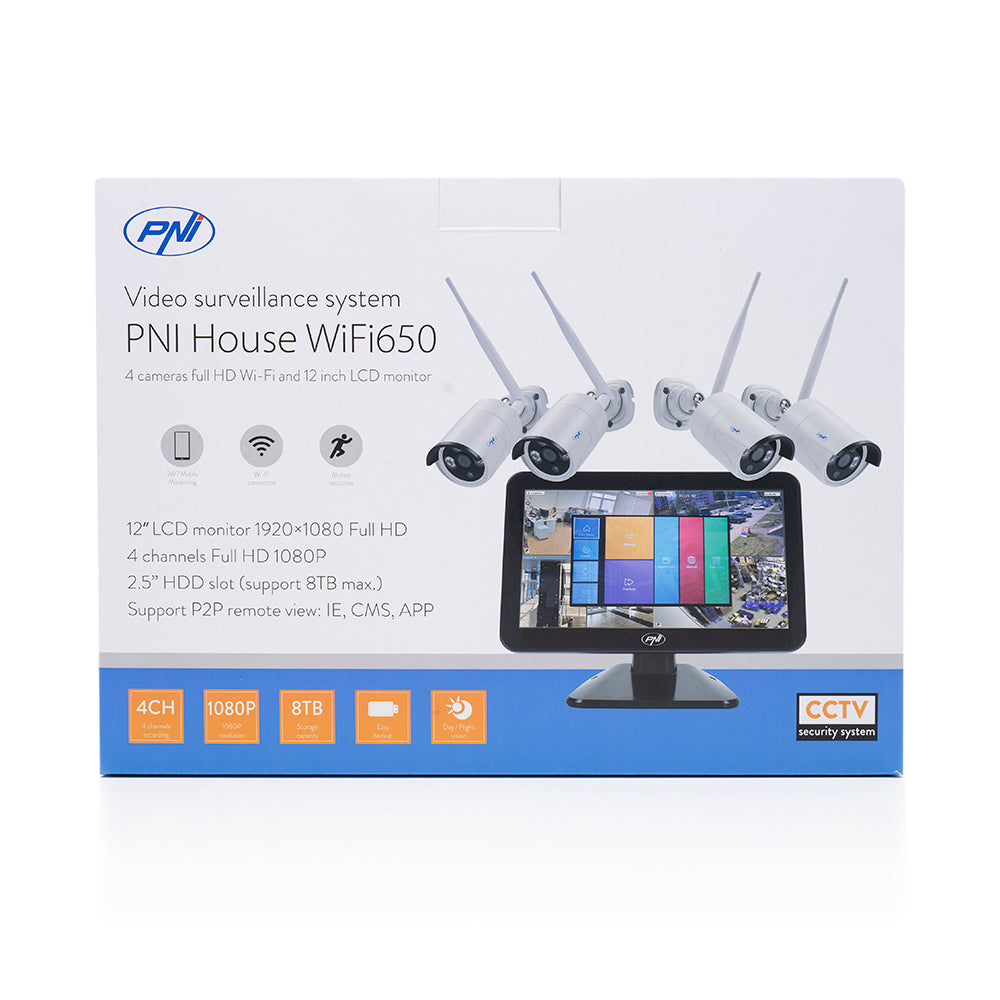 Kit supraveghere video PNI House WiFi650 - 4 camere Full HD Wi-Fi P2P si monitor LCD 12 inch