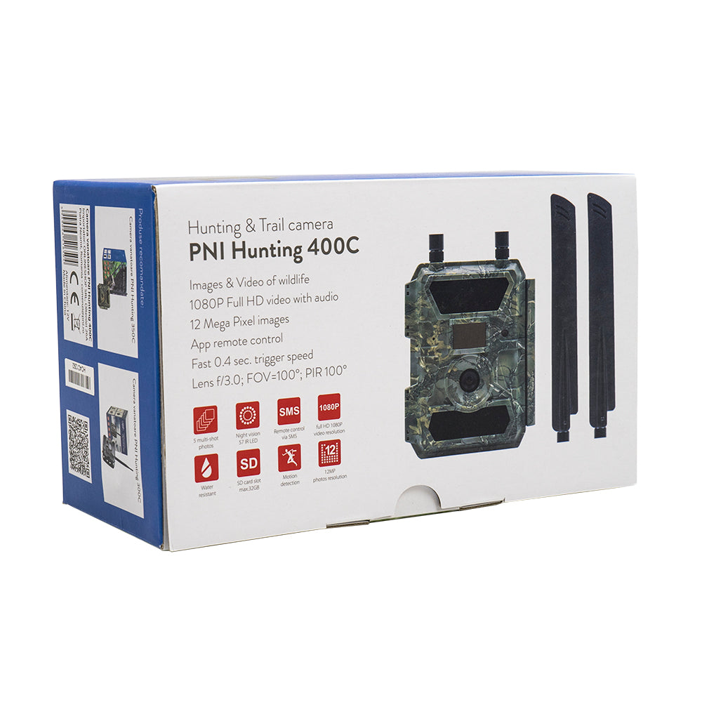 Camera vanatoare PNI Hunting 400C 12MP cu Internet 4G LTE, GPS, transmite simultan video si foto pe telefon, 4 email-uri, FTP, full HD 1080P, Night Vision, 57 LED-uri invizibile pentru animale