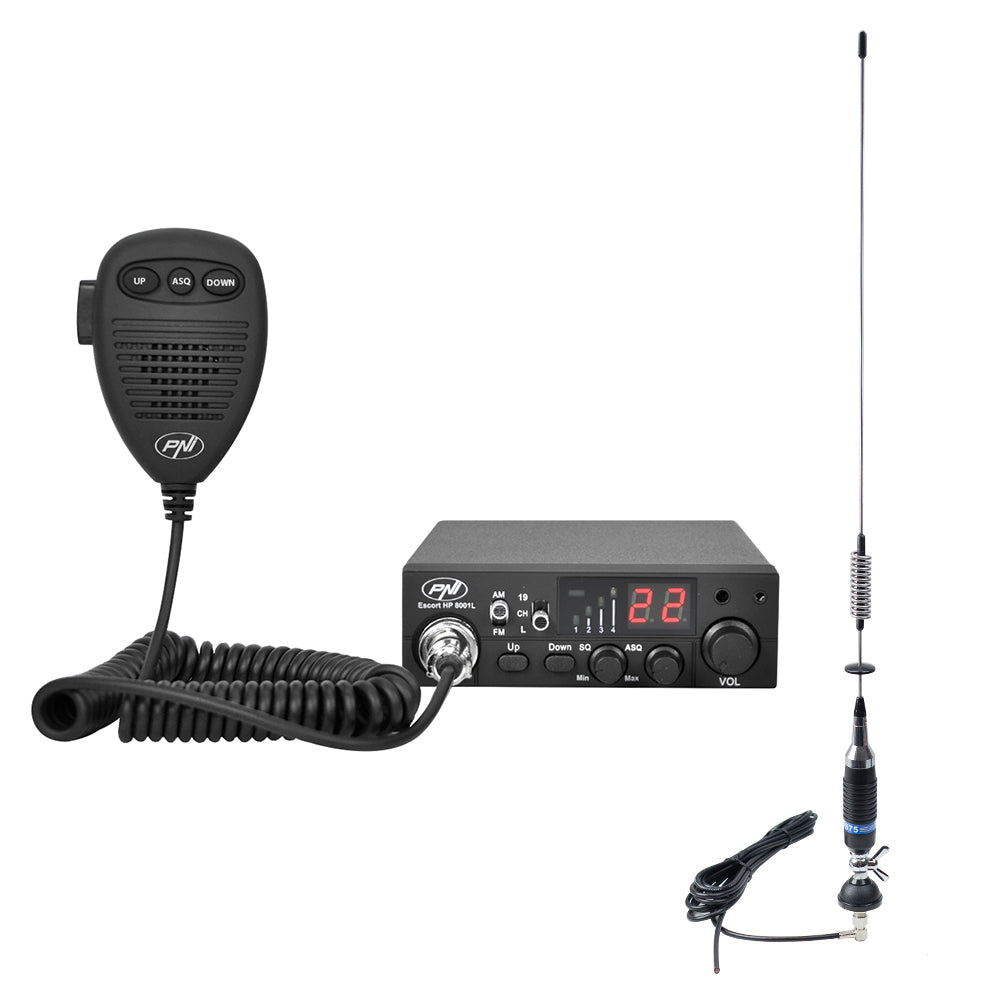 Pachet statie radio CB PNI ESCORT HP 8001L ASQ + Antena CB PNI S75 cu cablu si montura fixa