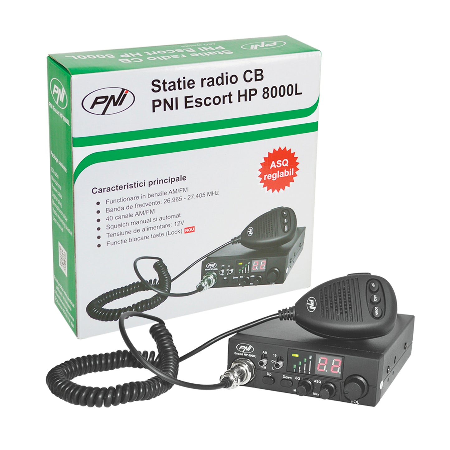 Kit Statie radio CB PNI Escort HP 8000L ASQ + Antena CB PNI S75 cu cablu si montura fixa