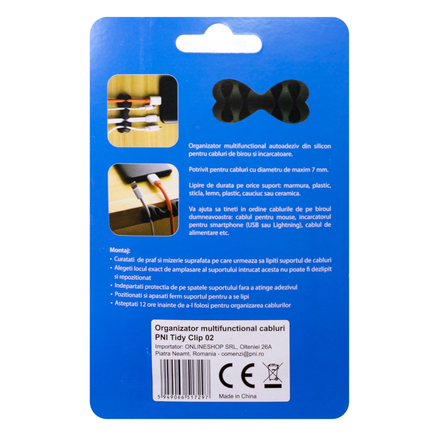 Organizator multifunctional cabluri PNI Tidy Clip 02, silicon flexibil, autoadeziv, pentru 8 cabluri 4x2 cu diametru de 6 mm, negru, set 2 bucati