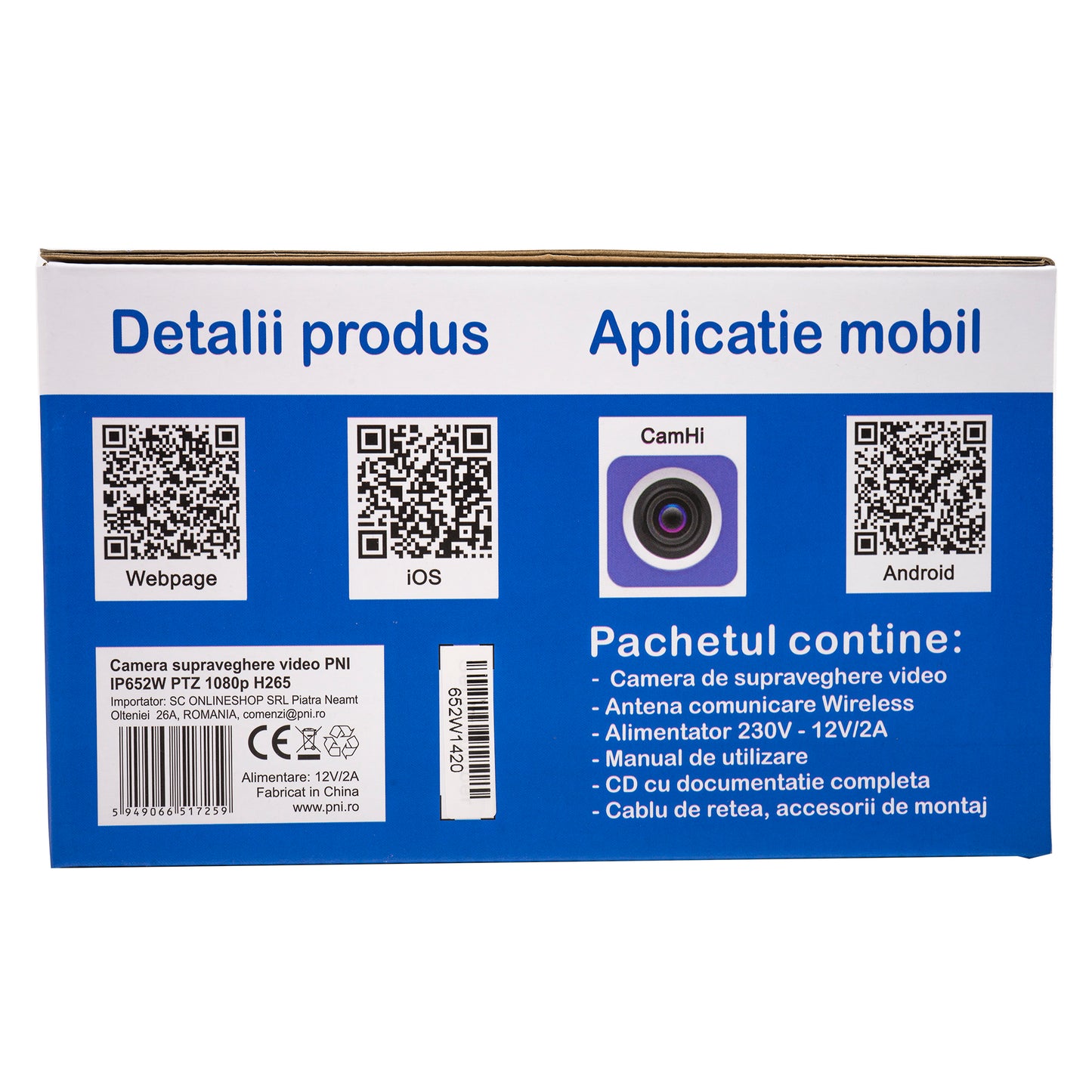 Camera supraveghere video PNI IP652W WiFi PTZ 1080p 2MP 5X Zoom optic, stand-alone, H265 slot microSD Night Vision 50m IP66 Alarma detectie miscare Comunicare audio bidirectionala