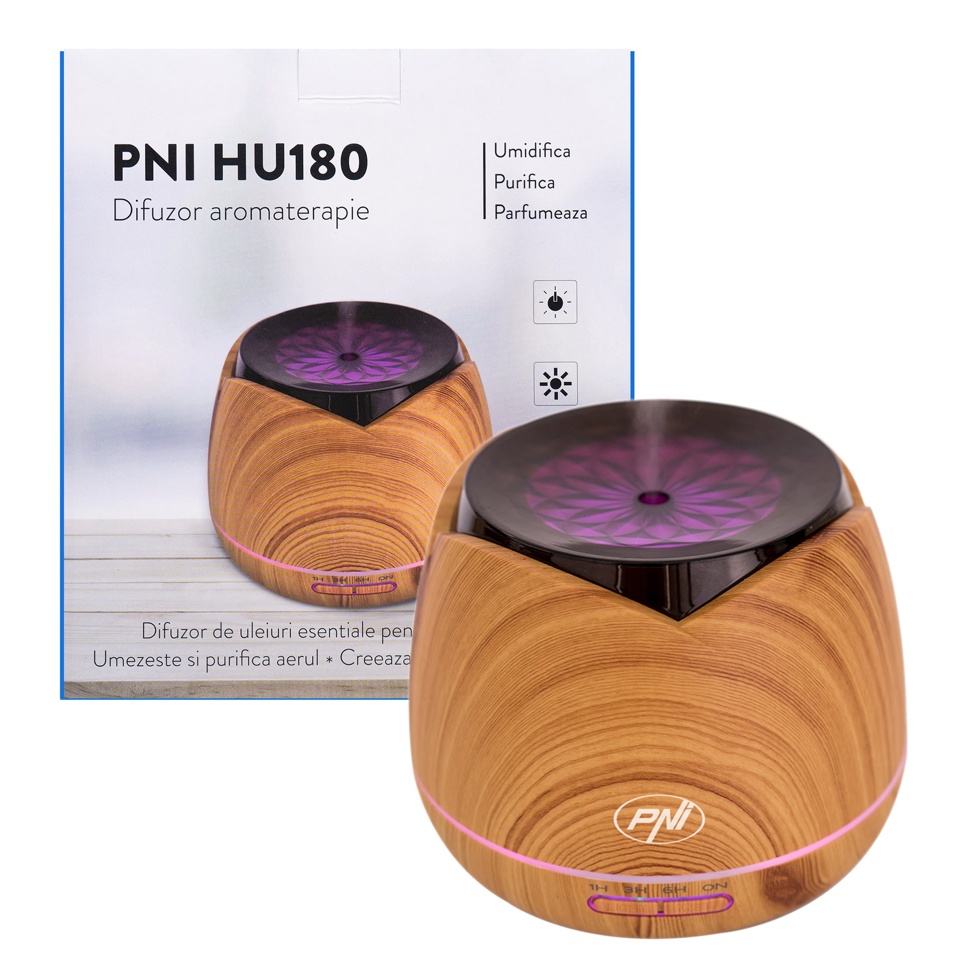 Difuzor aromaterapie PNI HU180 pentru uleiuri esentiale,  cu ultrasunete, 400 ml, timer, 7 culori LED, inchidere automata, Wood Grain