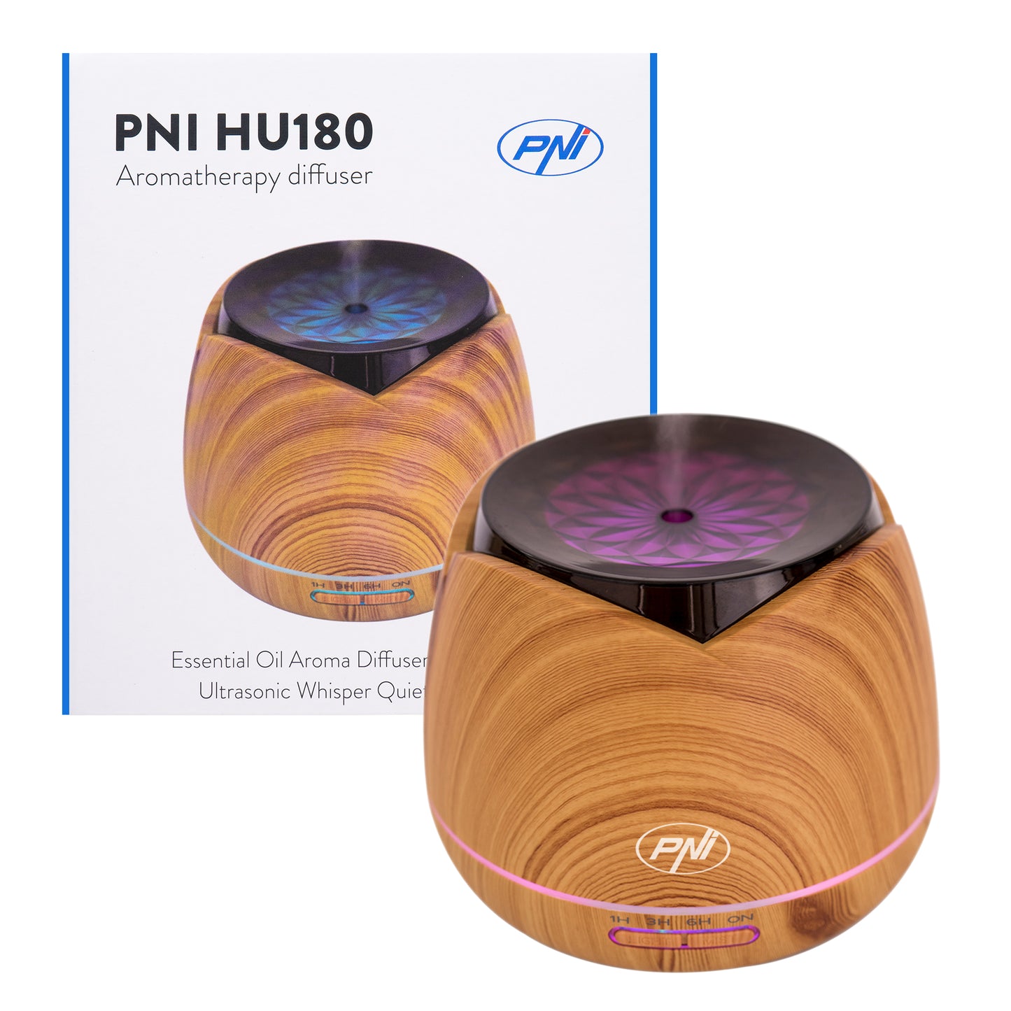 Difuzor aromaterapie PNI HU180 pentru uleiuri esentiale,  cu ultrasunete, 400 ml, timer, 7 culori LED, inchidere automata, Wood Grain