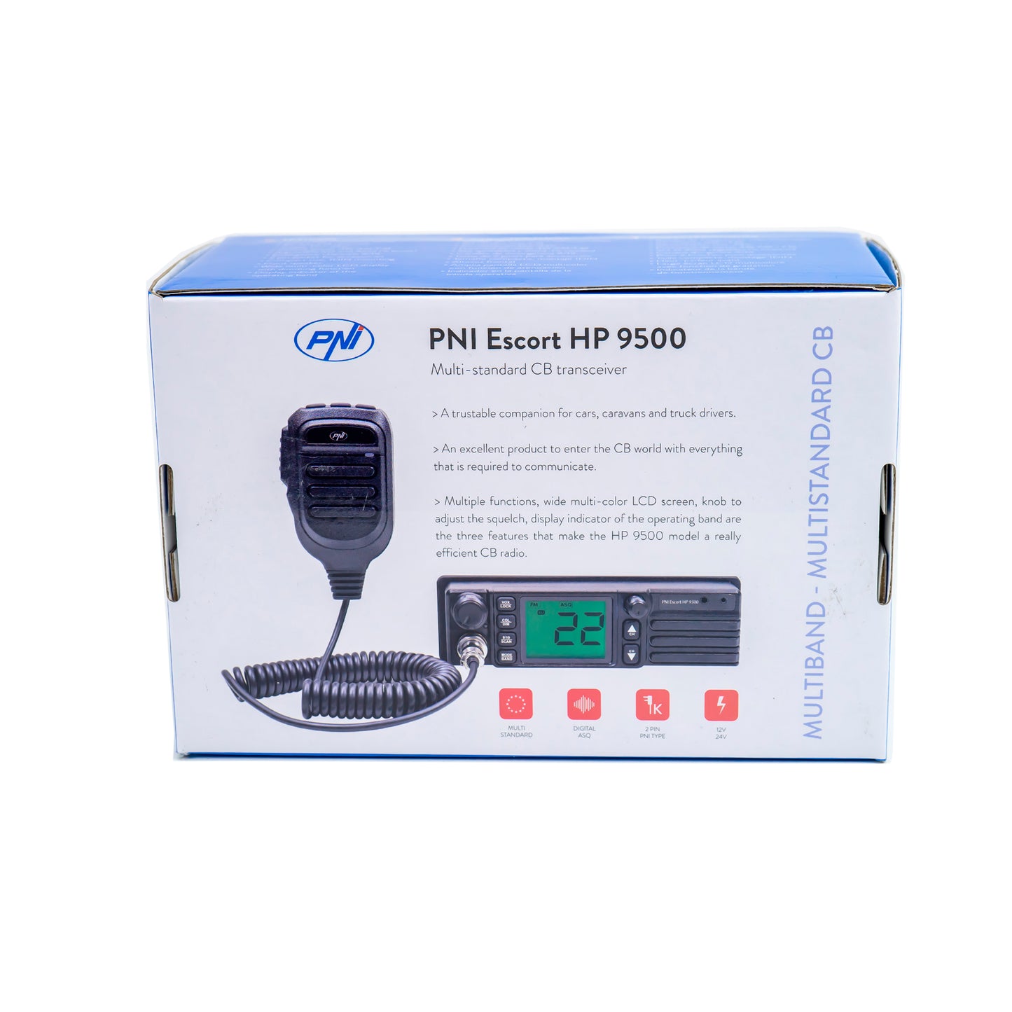 Statie radio CB PNI Escort HP 9500 multistandard, difuzor frontal, ASQ, VOX, Scan, 4W, AM-FM, alimentare 12V - 24V, mufa de bricheta inclusa