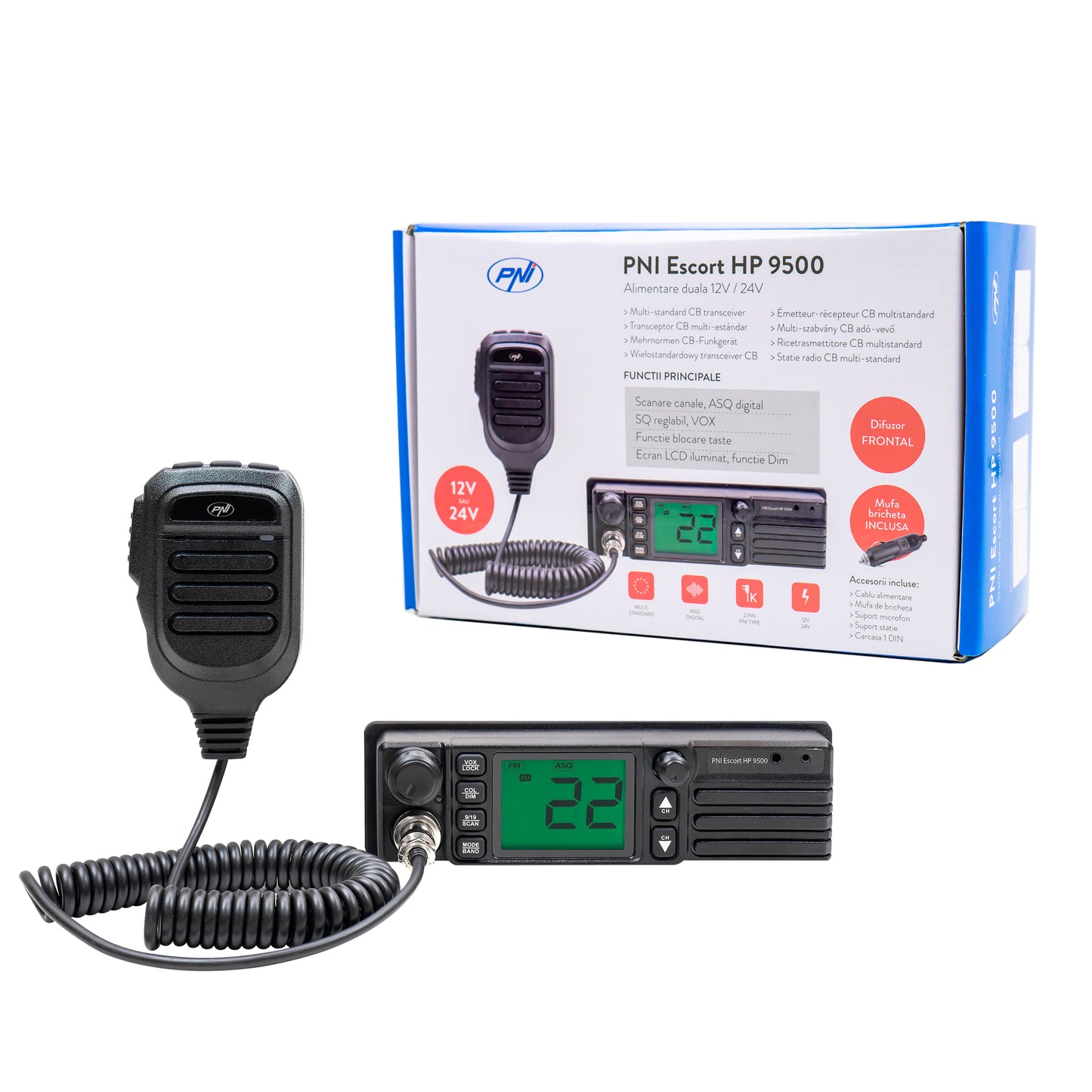 Statie radio CB PNI Escort HP 9500 multistandard, difuzor frontal, ASQ, VOX, Scan, 4W, AM-FM, alimentare 12V - 24V, mufa de bricheta inclusa