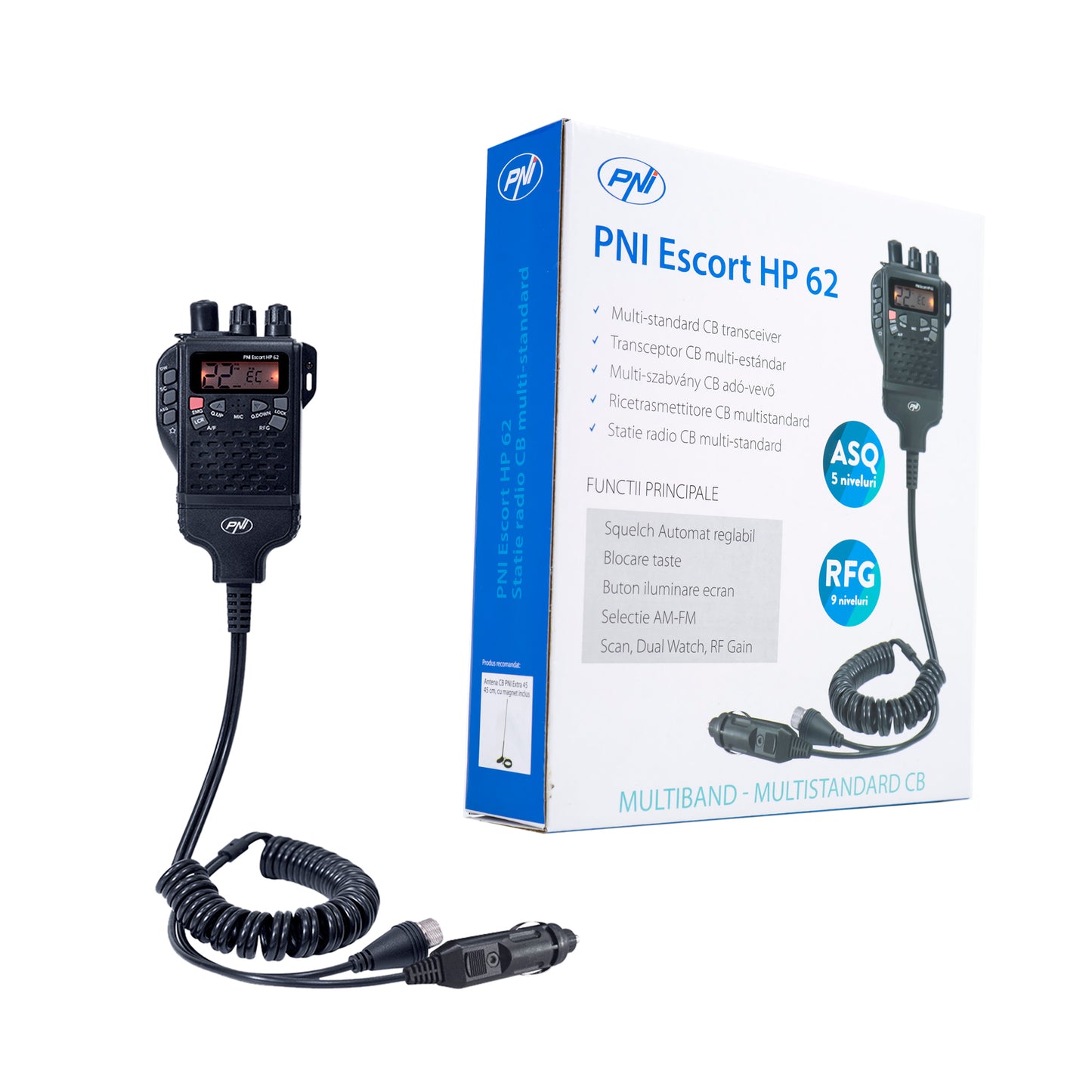 Statie radio CB portabila PNI Escort HP 62, multi standard, 4W, 12V, AM-FM, ASQ reglabil pe 5 niveluri, RF Gain pe 9 niveluri, Dual Watch, Scan, Lock