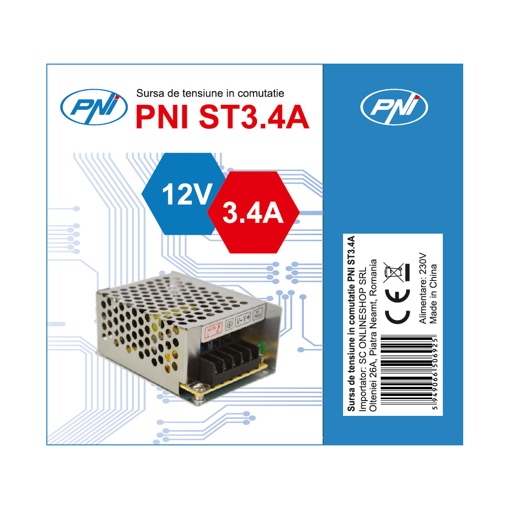 Sursa de tensiune in comutatie PNI ST3.4A 230V la 12V 3.4A stabilizata pentru sisteme de supraveghere