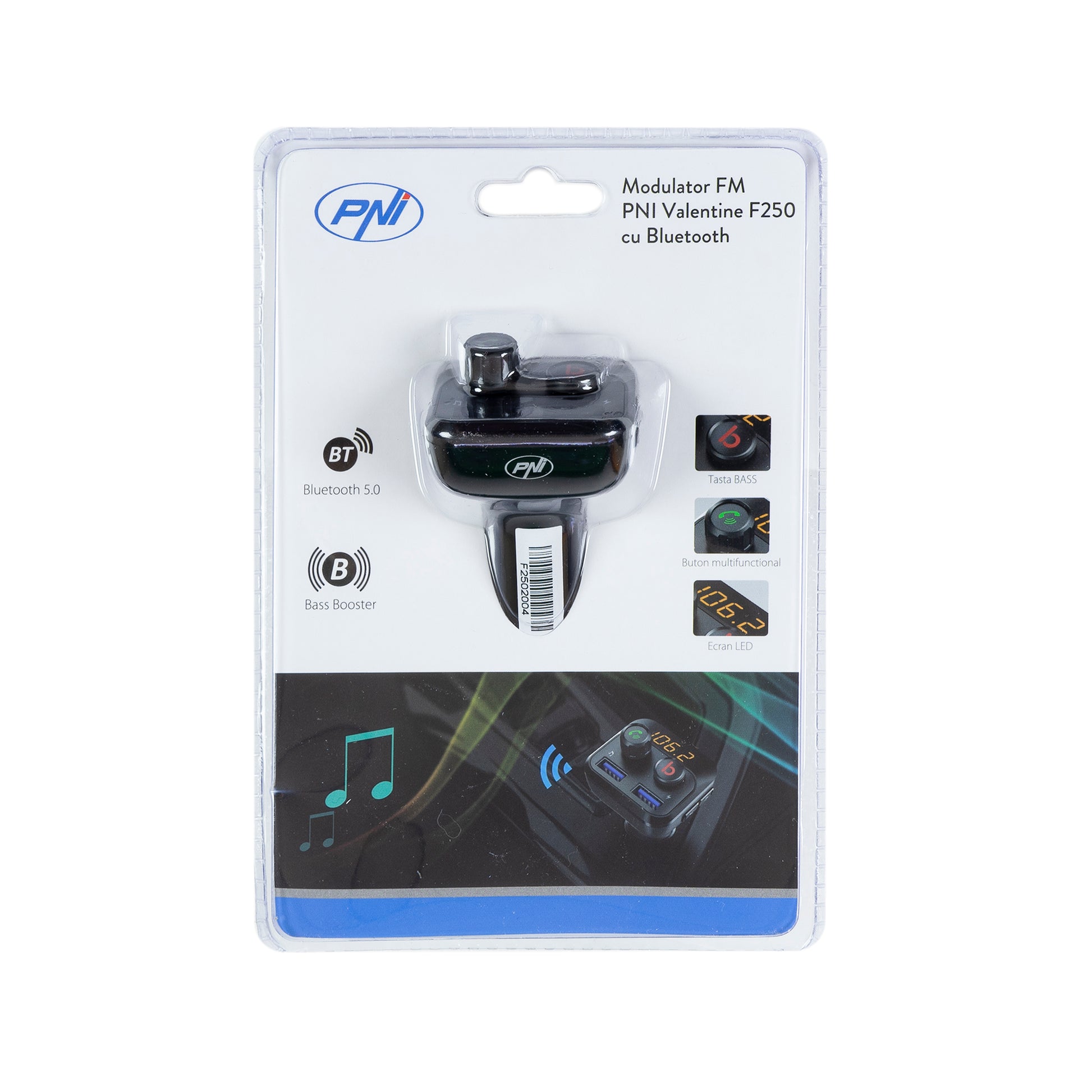 Modulator FM PNI Valentine F250 Bluetooth 5.0, MP3 player, transmitator FM, slot micro SD, port USB dual, incarcare rapida dispozitive mobile, buton super bass