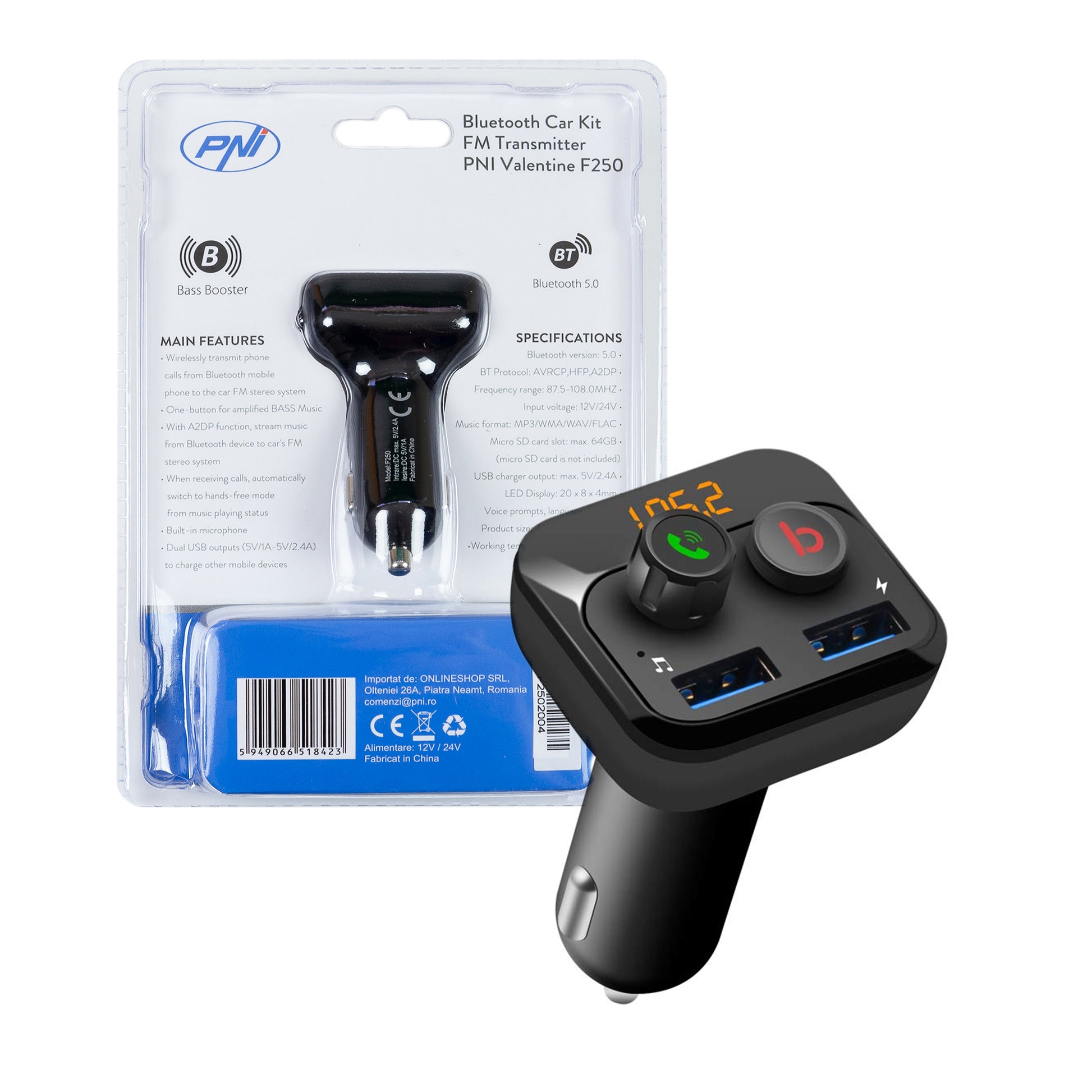 Modulator FM PNI Valentine F250 Bluetooth 5.0, MP3 player, transmitator FM, slot micro SD, port USB dual, incarcare rapida dispozitive mobile, buton super bass