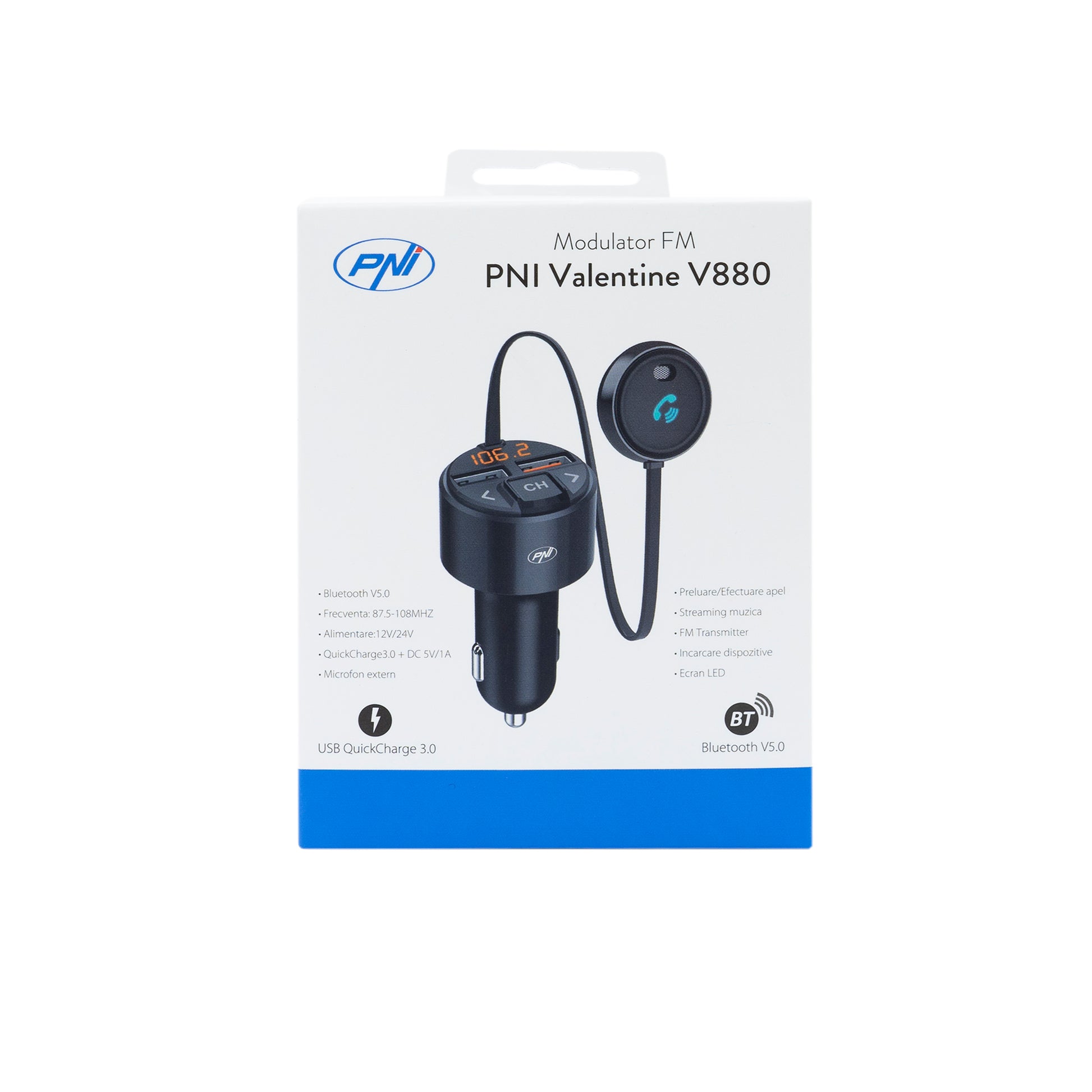 Modulator FM PNI Valentine V880 cu microfon, Bluetooth 5.0, MP3 player, transmitator FM, port USB dual, incarcare rapida dispozitive mobile prin QC3.0, compatibil cu Siri si Google Assistant