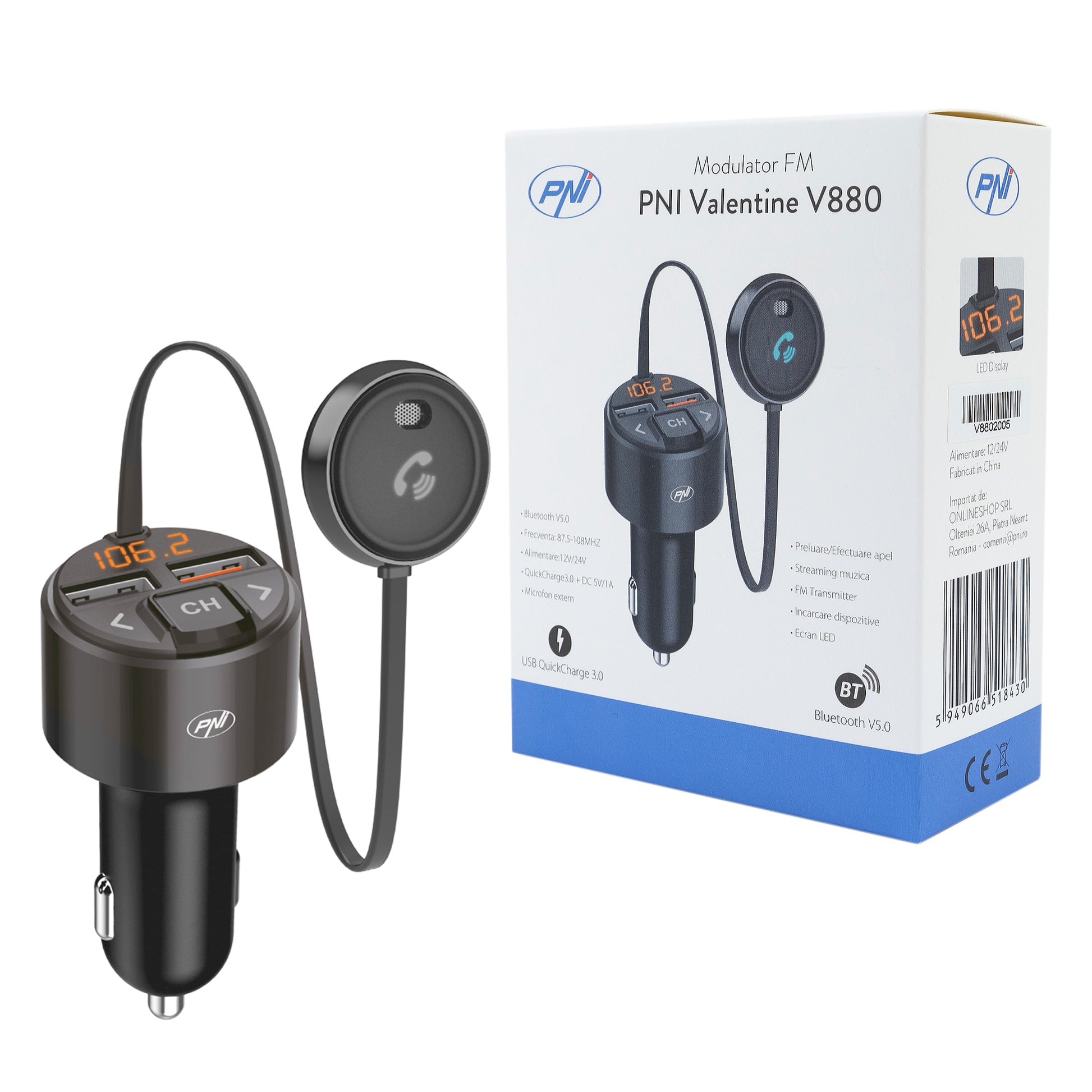 Modulator FM PNI Valentine V880 cu microfon, Bluetooth 5.0, MP3 player, transmitator FM, port USB dual, incarcare rapida dispozitive mobile prin QC3.0, compatibil cu Siri si Google Assistant