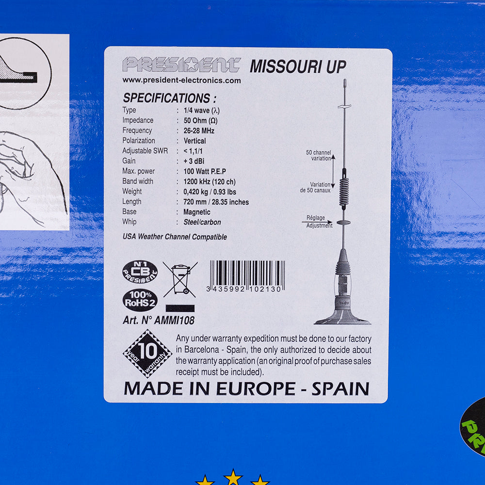 Antena CB President Missouri Up, 72 cm, 26-28 MHz, magnet 125 mm inclus