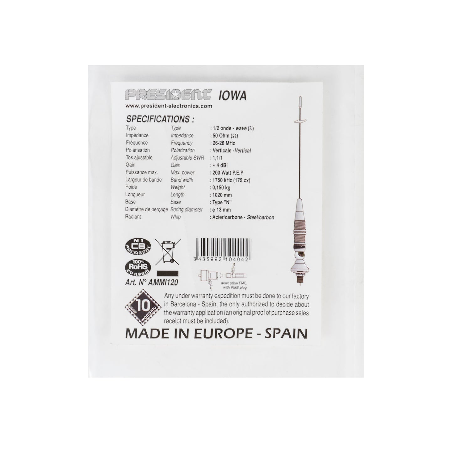 Antena CB President Iowa, 102cm, 26-28 MHz cu montura fixa si cablu 4,4m inclus, Cod AMMI120