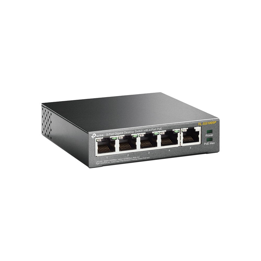 Switch TP-LINK TL-SG1005P, 5 x 10/100/1000 Mbps Gigabit din care 4 porturi PoE, carcasa metalica