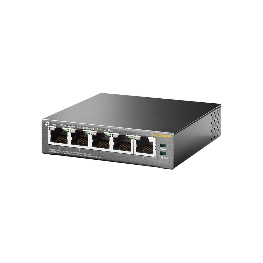 Switch TP-LINK TL-SG1005P, 5 x 10/100/1000 Mbps Gigabit din care 4 porturi PoE, carcasa metalica