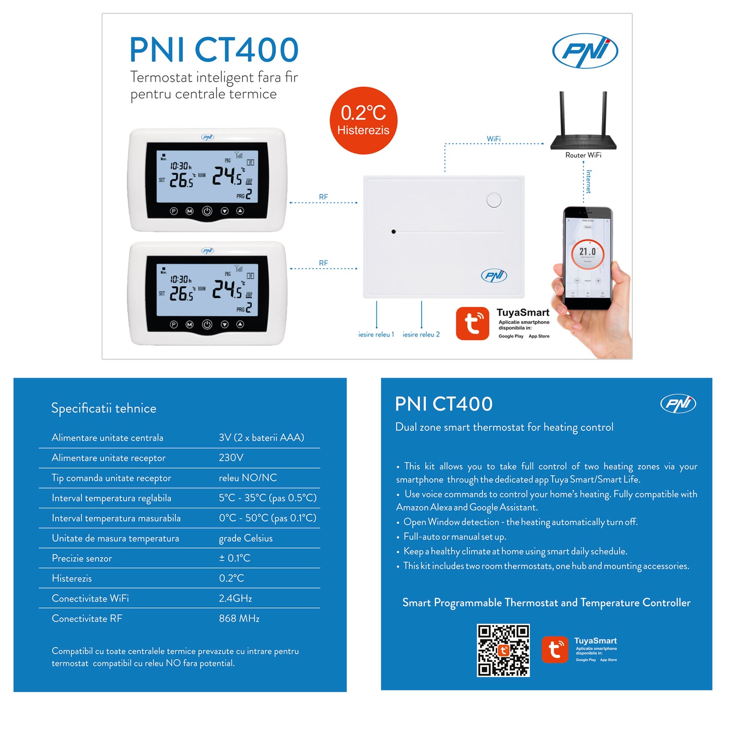Termostat inteligent PNI CT400 fara fir, cu WiFi, controleaza 1 centrala si 2 zone diferite, parter etaj prin Internet, pentru centrale termice, pompe, electrovalve, APP TuyaSmart, histerezis 0.2 grade C, controleaza 2 grupuri de pompare prin 2 switch-uri