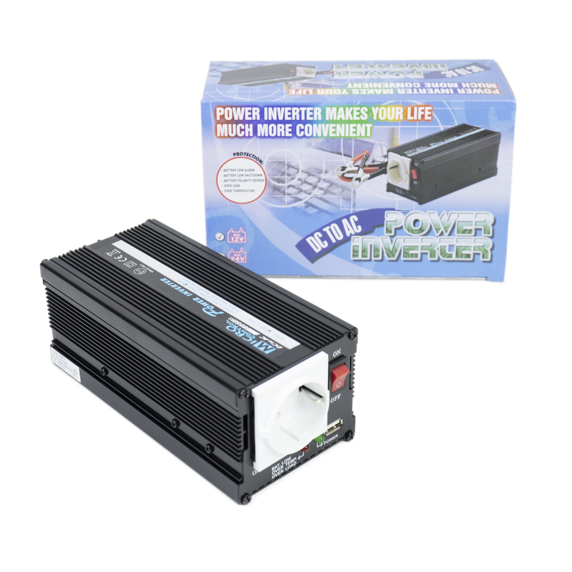 Invertor de tensiune President 400W alimentare 12V, iesire 230V, unda sinus modificata, mufa USB 5V 500mAh,  cu clesti alimentare si mufa de bricheta inclus