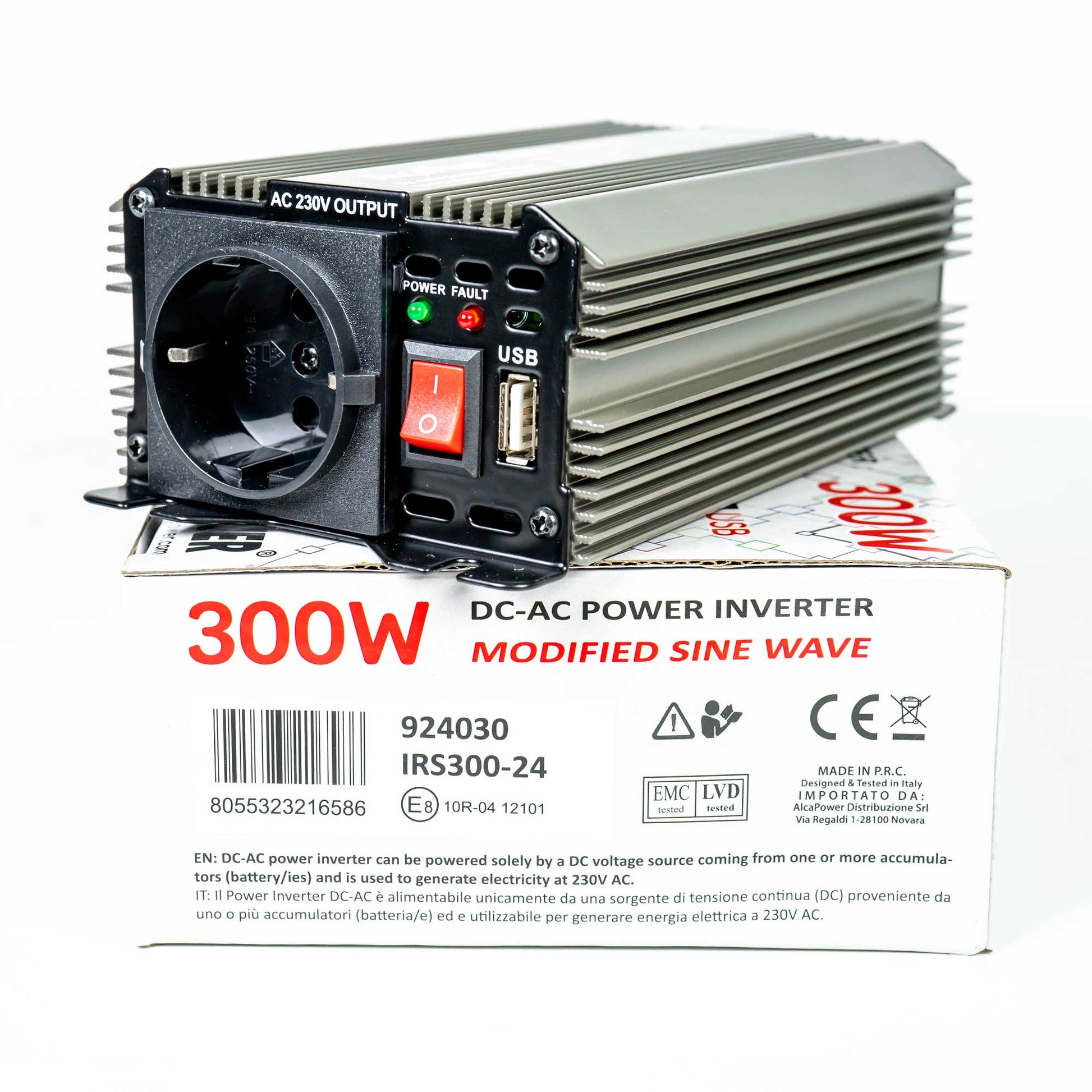 Invertor de tensiune AlcaPower by President 300W alimentare 24V, iesire 230V, unda sinus modificata, mufa USB 5V 500mAh, cu clesti alimentare si mufa de bricheta inclusa