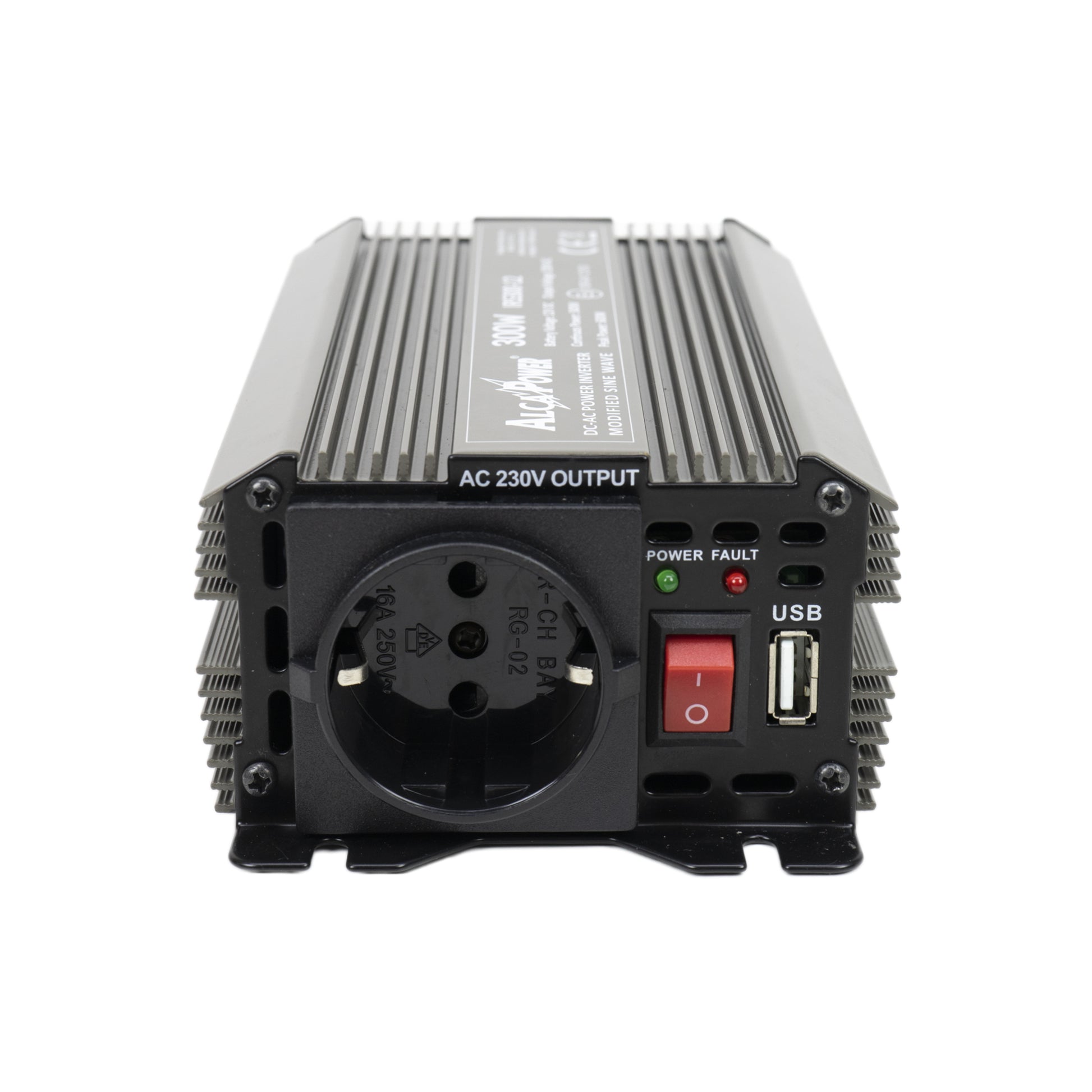 Invertor de tensiune AlcaPower by President 300W alimentare 12V, iesire 230V, unda sinus modificata, mufa USB 5V 500mAh, cu clesti alimentare si mufa de bricheta inclus