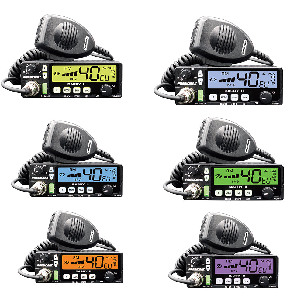Kit Statie radio CB President BARRY II ASC AM/FM, Roger Beep, NB, ANL, Port USB, VOX, 12V/24V + Antena CB President Maryland 155 cm 500W cu montura prindere fixa si cablu inclus