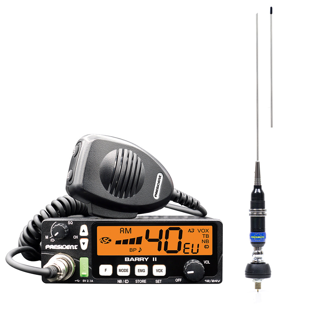 Kit Statie radio CB President BARRY II ASC AM/FM, Roger Beep, NB, ANL, Port USB, VOX, 12V/24V + Antena CB President Maryland 155 cm 500W cu montura prindere fixa si cablu inclus