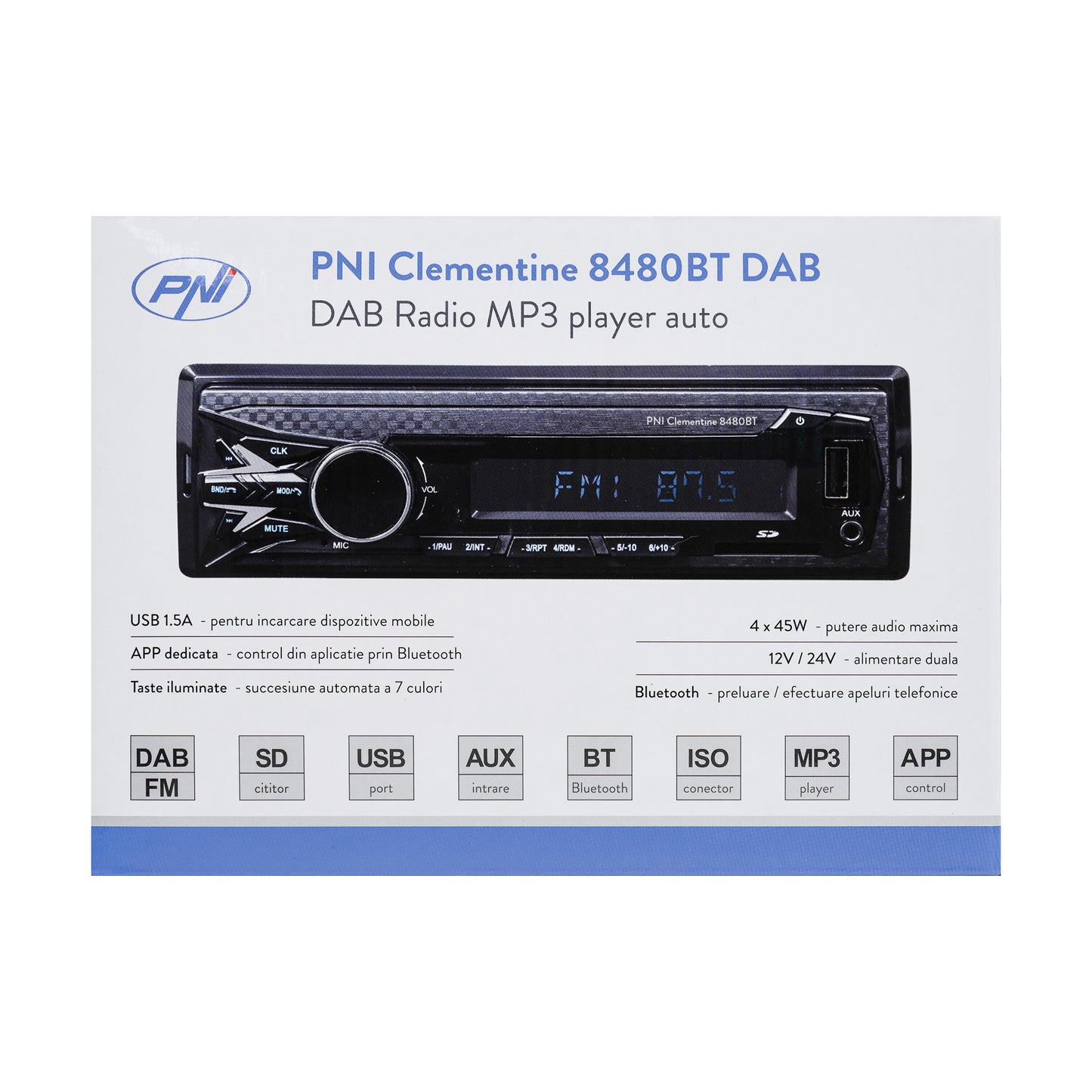 DAB si RDS radio MP3 player auto PNI Clementine 8480BT 4x45w, 12/24V, 1 DIN, cu SD, USB, AUX, RCA, Bluetooth si USB 1.5A pentru incarcare telefon