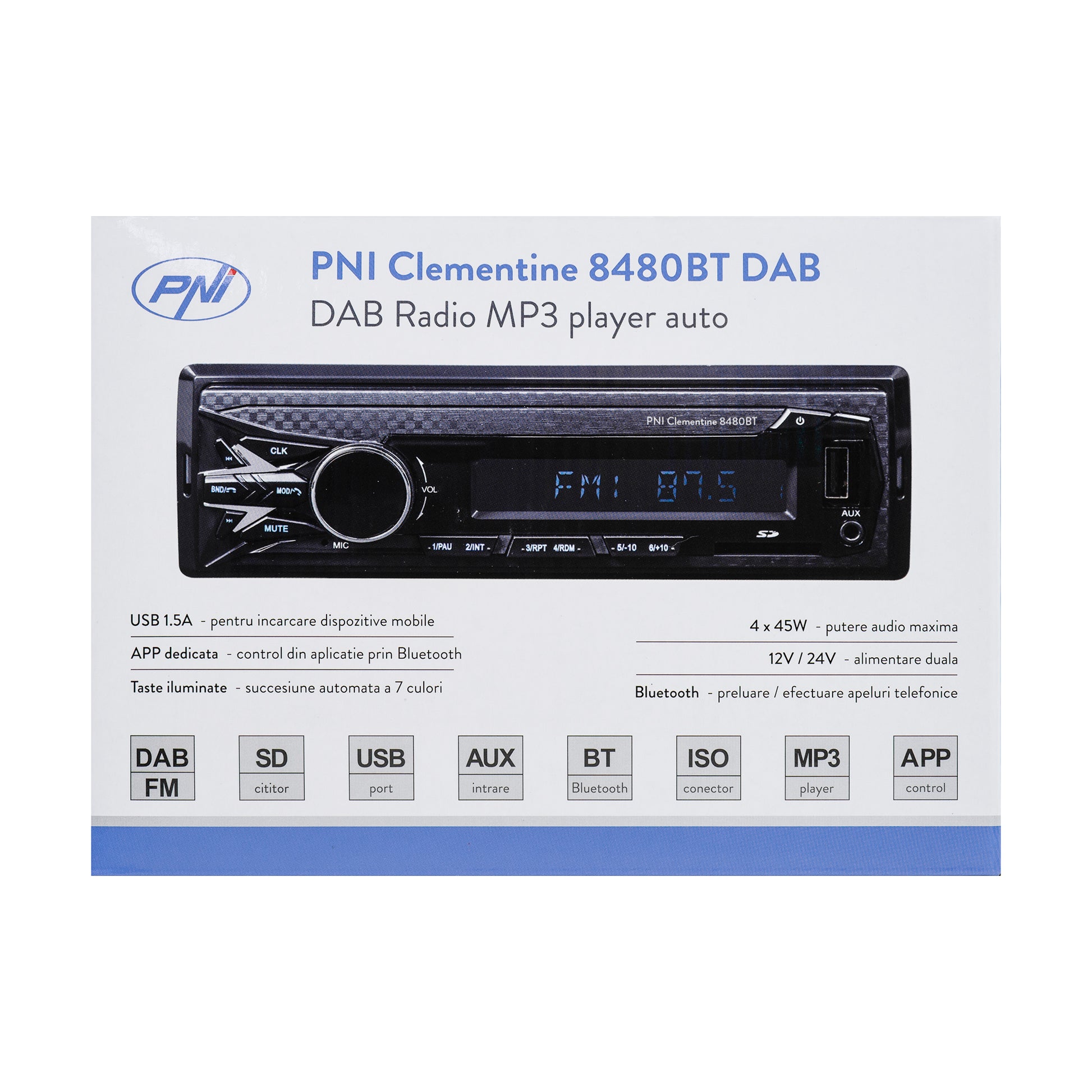 DAB si RDS radio MP3 player auto PNI Clementine 8480BT 4x45w, 12/24V, 1 DIN, cu SD, USB, AUX, RCA, Bluetooth si USB 1.5A pentru incarcare telefon