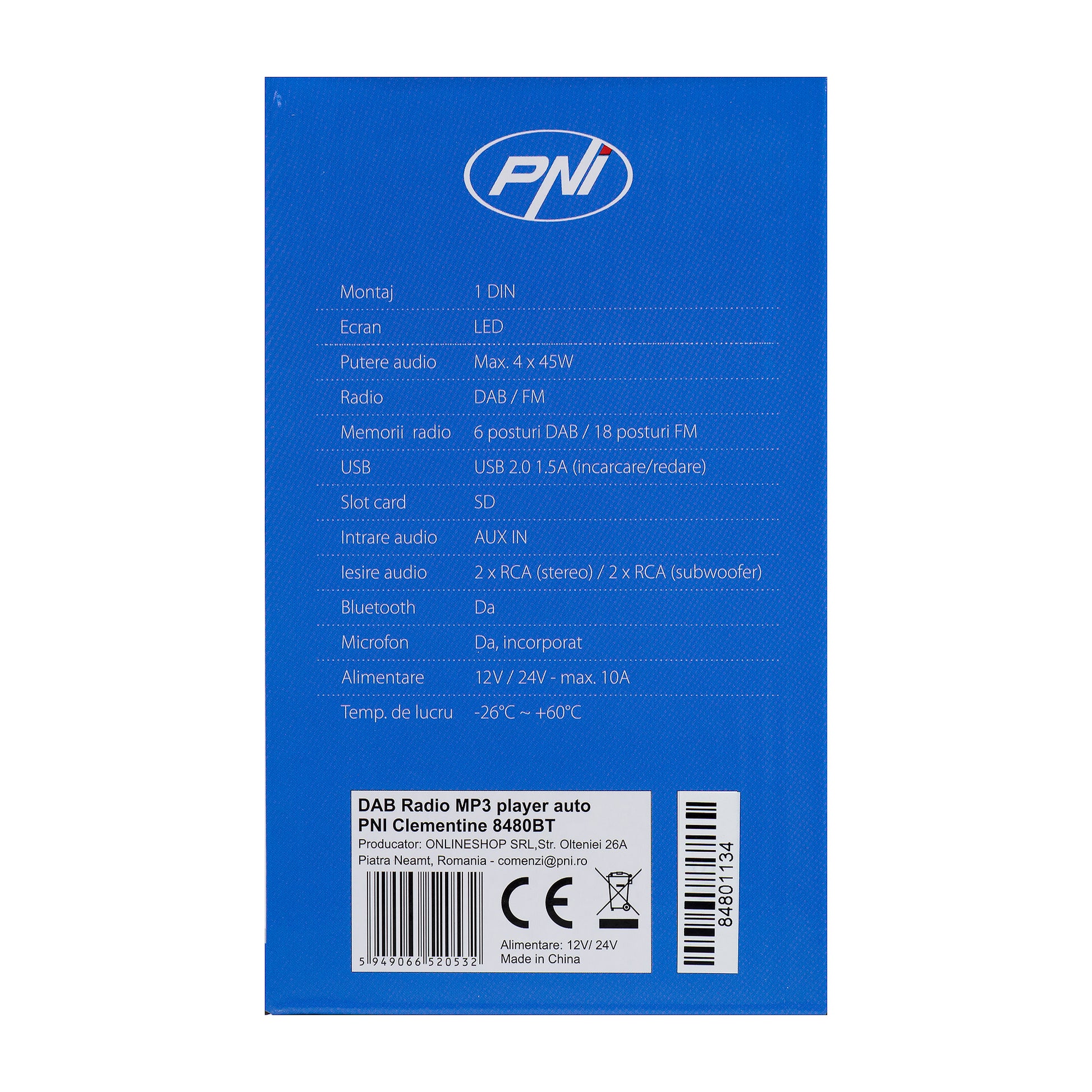DAB si RDS radio MP3 player auto PNI Clementine 8480BT 4x45w, 12/24V, 1 DIN, cu SD, USB, AUX, RCA, Bluetooth si USB 1.5A pentru incarcare telefon