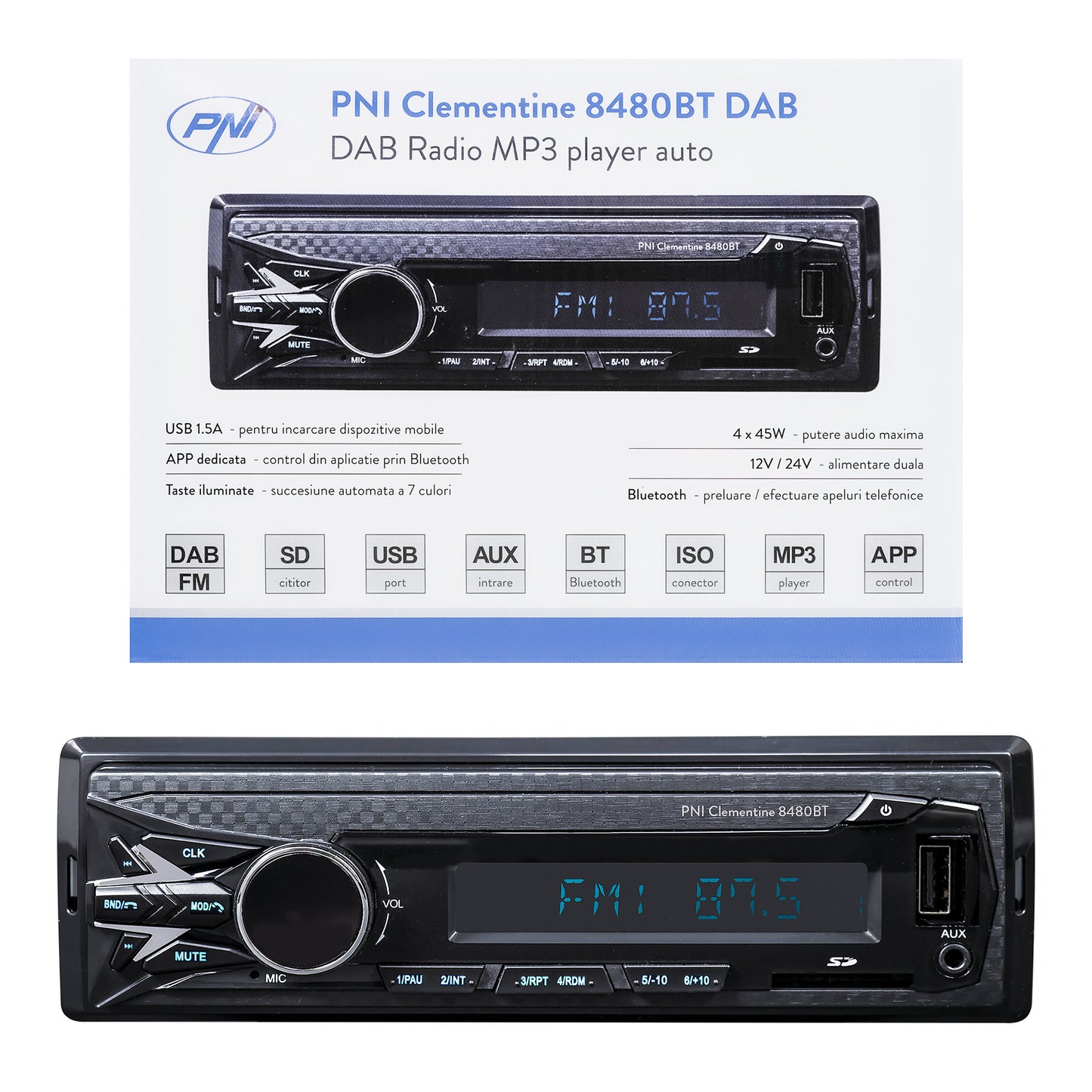 DAB si RDS radio MP3 player auto PNI Clementine 8480BT 4x45w, 12/24V, 1 DIN, cu SD, USB, AUX, RCA, Bluetooth si USB 1.5A pentru incarcare telefon