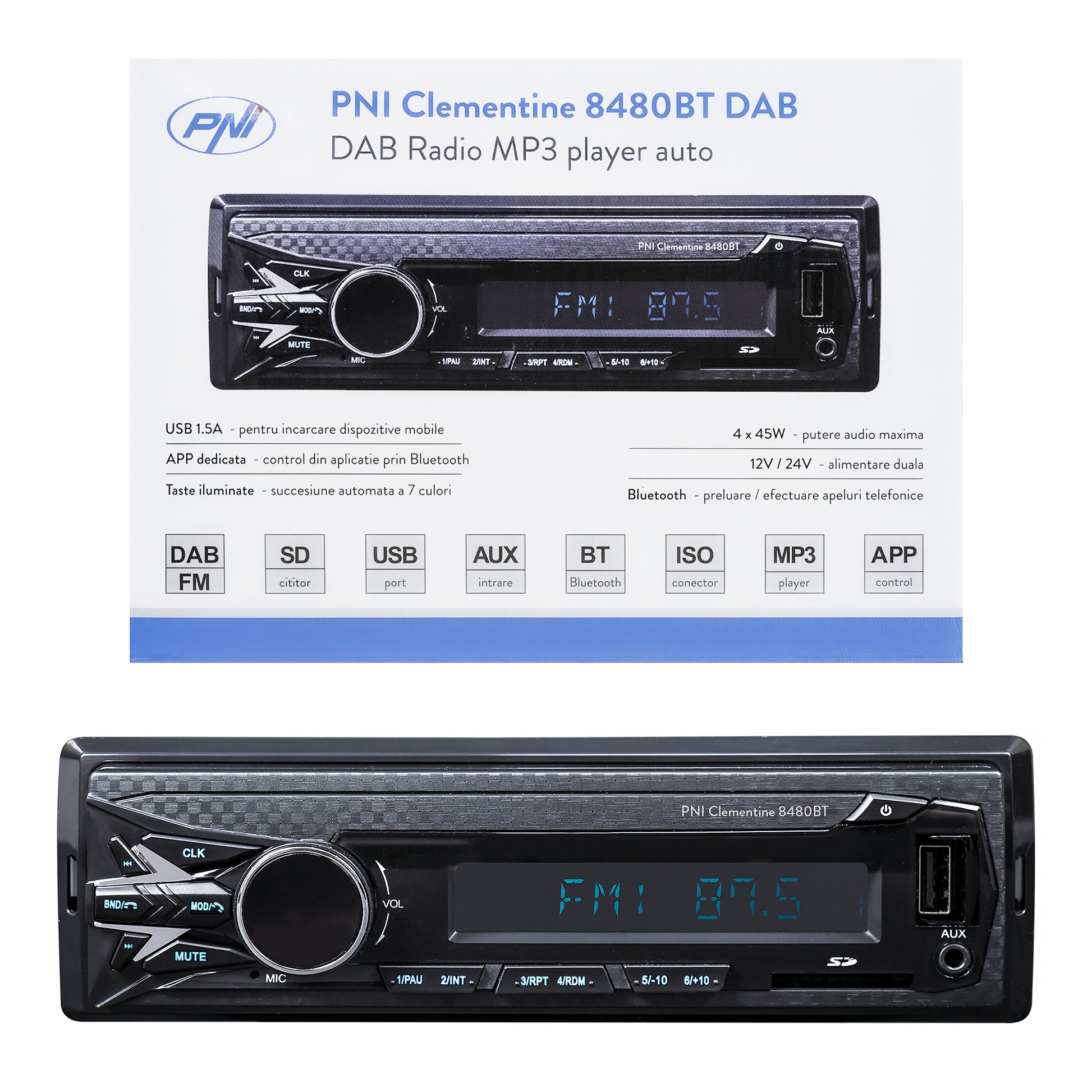 DAB si RDS radio MP3 player auto PNI Clementine 8480BT 4x45w, 12/24V, 1 DIN, cu SD, USB, AUX, RCA, Bluetooth si USB 1.5A pentru incarcare telefon