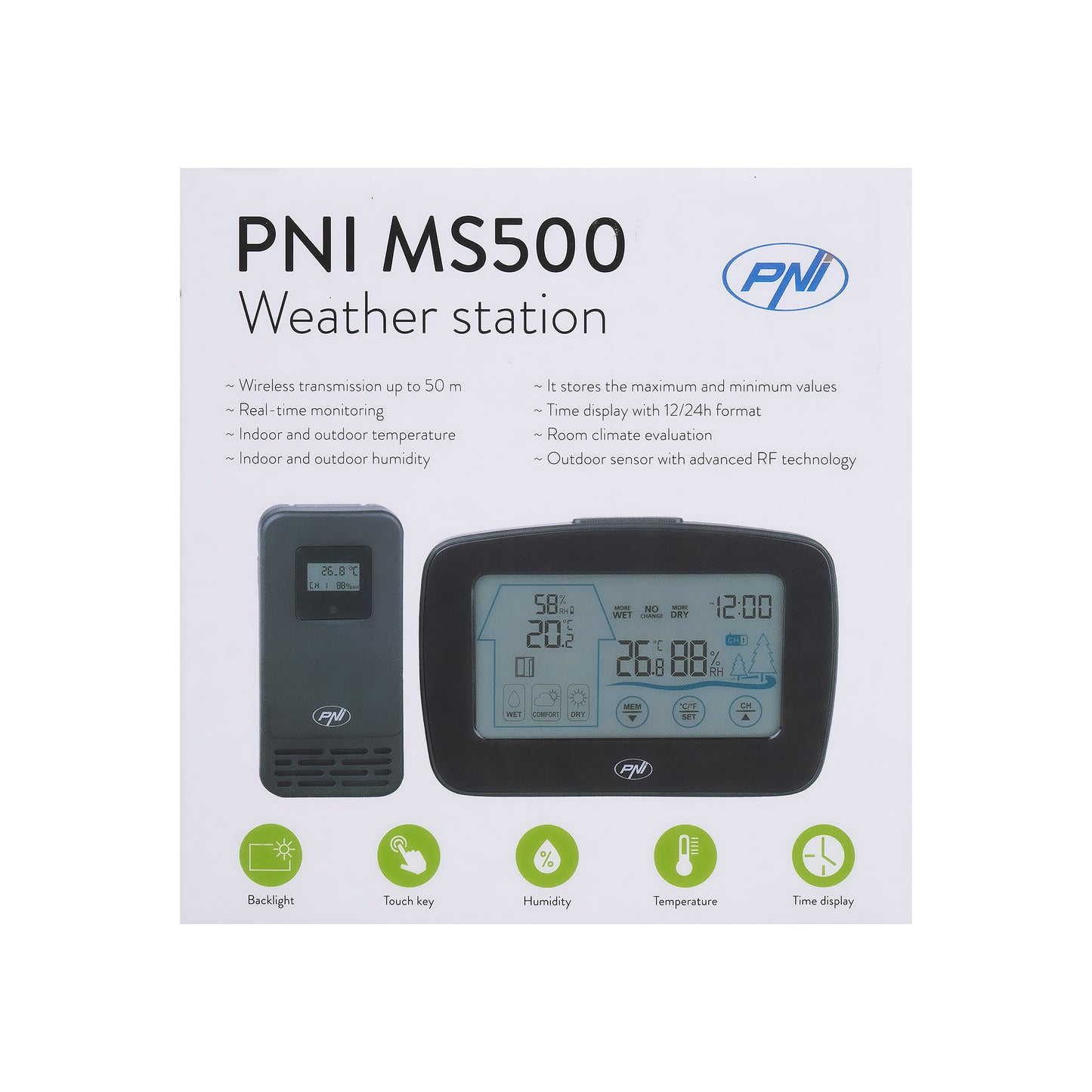 Statie meteo PNI MS500 cu senzor extern fara fir, afiseaza temperatura si umiditatea interioara si exterioara, memorie valori climaterice minime si maxime