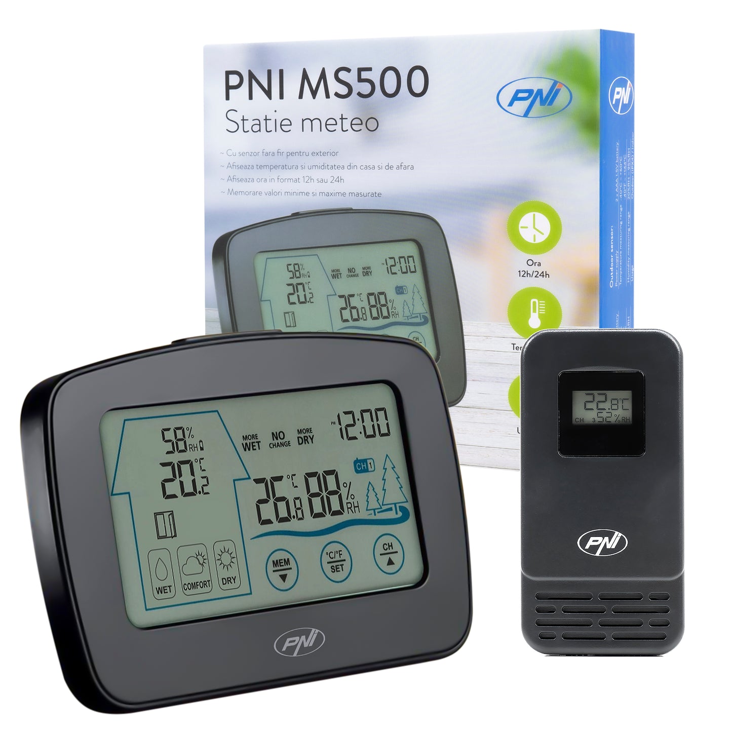 Statie meteo PNI MS500 cu senzor extern fara fir, afiseaza temperatura si umiditatea interioara si exterioara, memorie valori climaterice minime si maxime