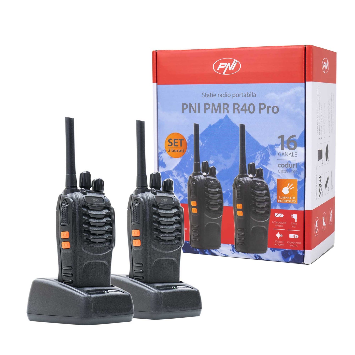 Statie radio portabila PNI PMR R40 PRO, set cu 2 buc, 0.5W, 16 canale programabile, 16 PMR si tonuri 50 CTCSS si 104 DCS, ASQ, TOT, monitor, programabila, acumulatori 1200mAh, incarcatoare si casti incluse