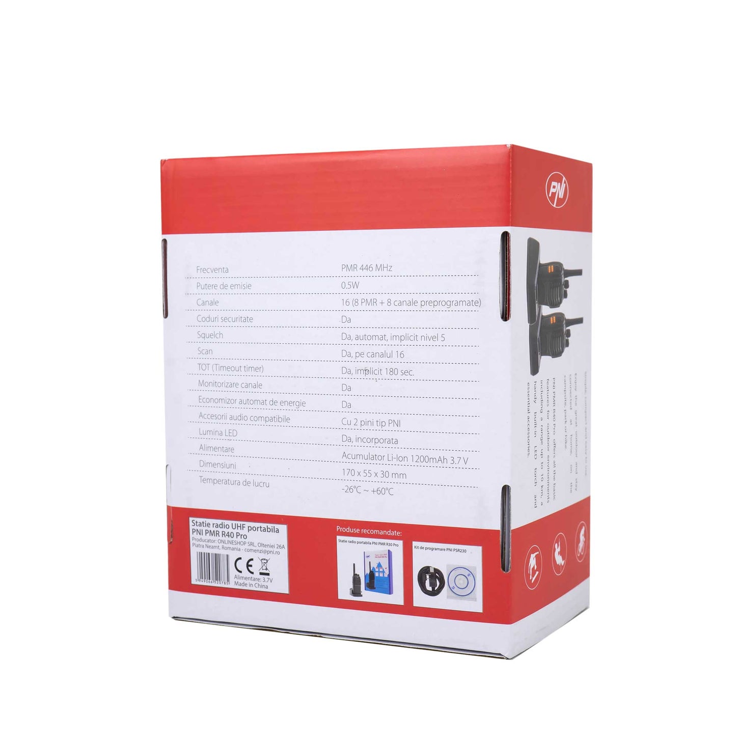 Statie radio portabila PNI PMR R40 PRO, set cu 2 buc, 0.5W, 16 canale programabile, 16 PMR si tonuri 50 CTCSS si 104 DCS, ASQ, TOT, monitor, programabila, acumulatori 1200mAh, incarcatoare si casti incluse