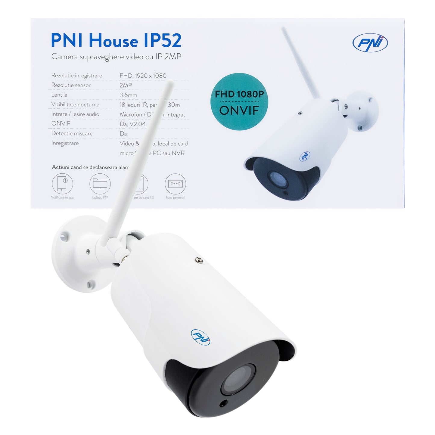 Camera supraveghere video PNI House IP52 2MP 1080P wireless cu IP, stand-alone, de exterior si interior si slot microSD, mod noapte