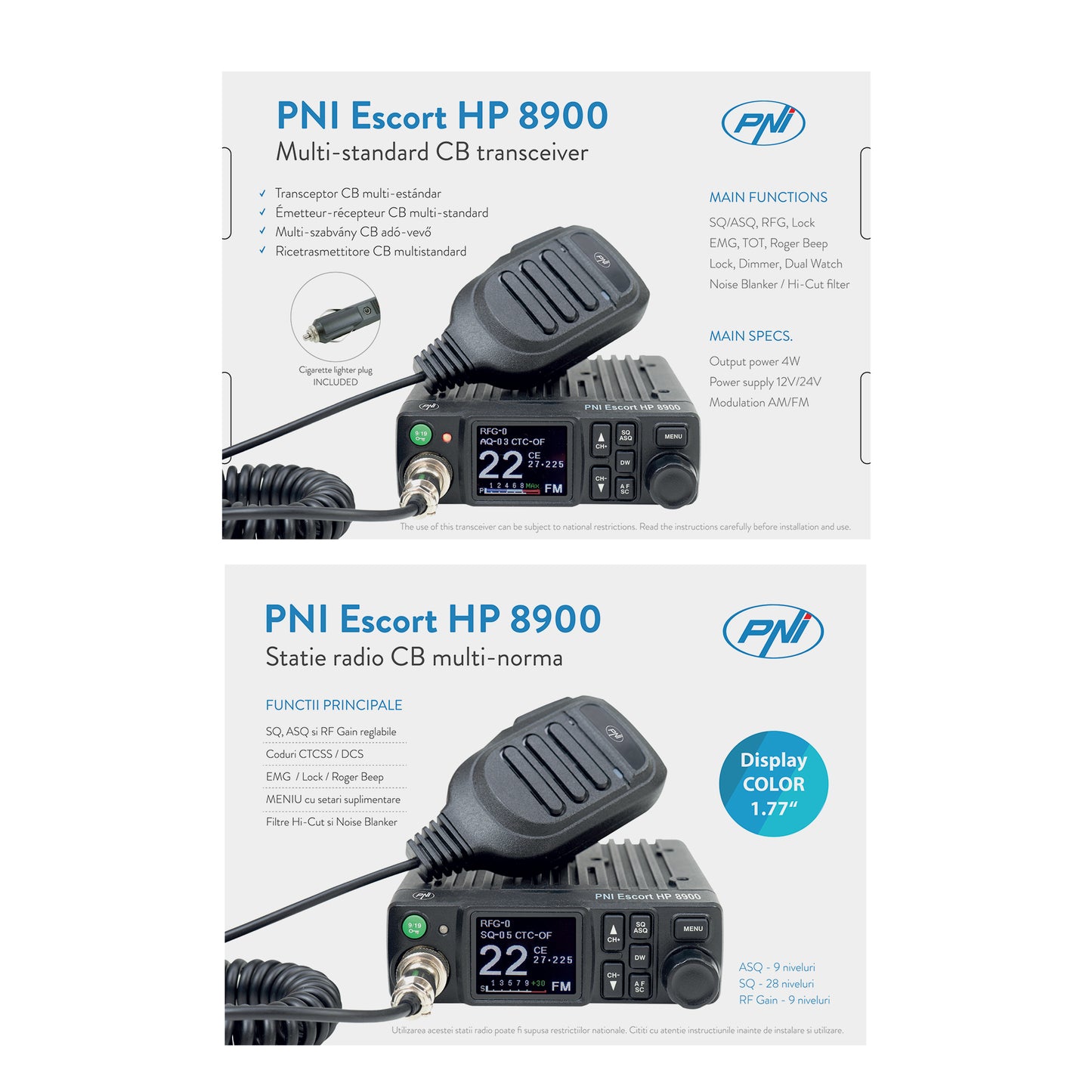 Statie radio CB PNI Escort HP 8900 ASQ, 12V / 24V, RF Gain, Roger Beep, CTCSS-DCS, Dual Watch AM/FM comutati doar in banda EU