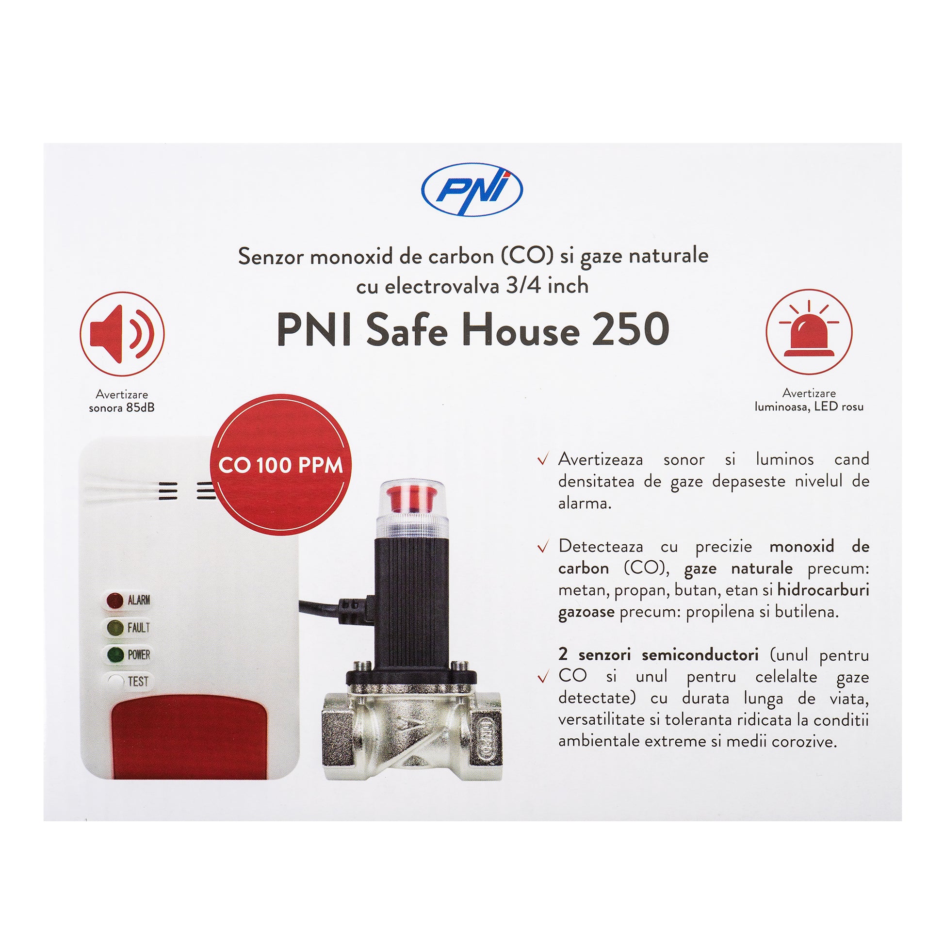 Kit PNI Safe House Dual Gas 250 cu senzori pentru 2 tipuri de gaz monoxid de carbon (CO) si gaze naturale si electrovalva 3/4 inch