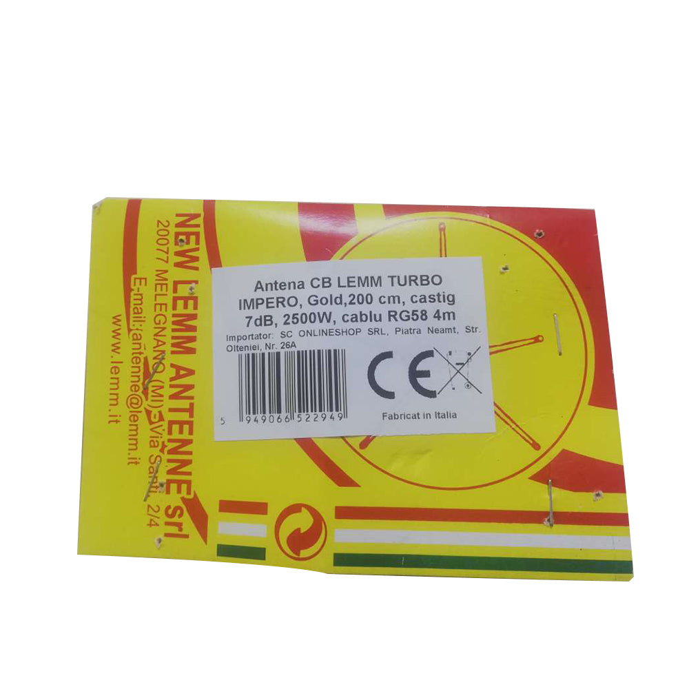 Antena CB LEMM TURBO IMPERO, Gold, lungime 200 cm, castig 7dB, 26.5-28Mhz, 2500W, cablu RG58 4m, fabricata in Italia