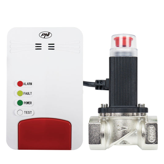 Kit senzor gaz inteligent si electrovalva PNI Safe House Smart Gas 300 WiFi cu alertare sonora, aplicatie de mobil Tuya Smart,  integrare in scenarii si automatizari smart cu alte produse compatibile Tuya