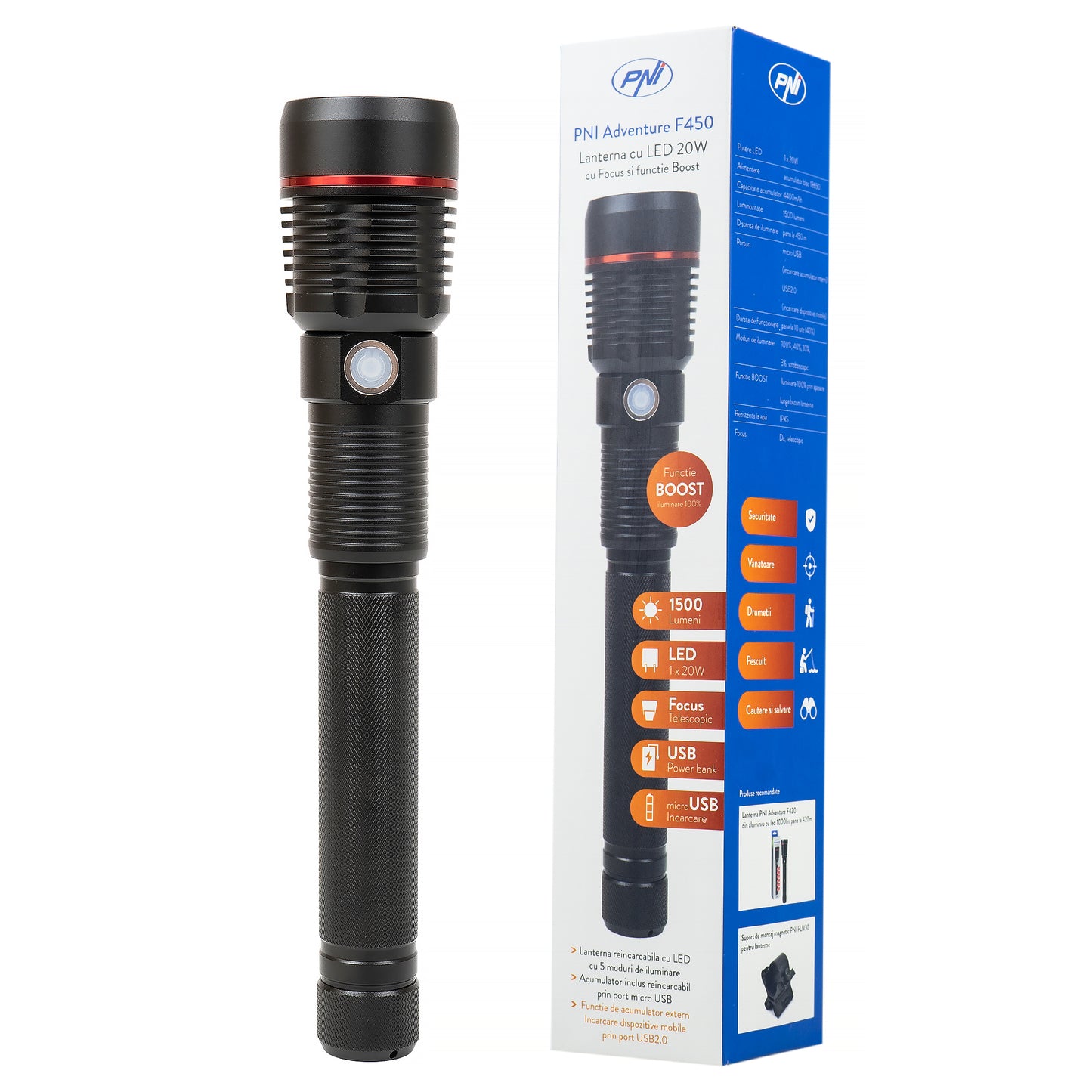 Lanterna PNI Adventure F450 din aluminiu cu focus si functie BOOST, led 20 W, 1500 lm pana la 450 m, IPX5, power bank cu iesire USB, incarcare prin micro USB, acumulator 4400 mAh inclus, functioneaza 10 ore continuu