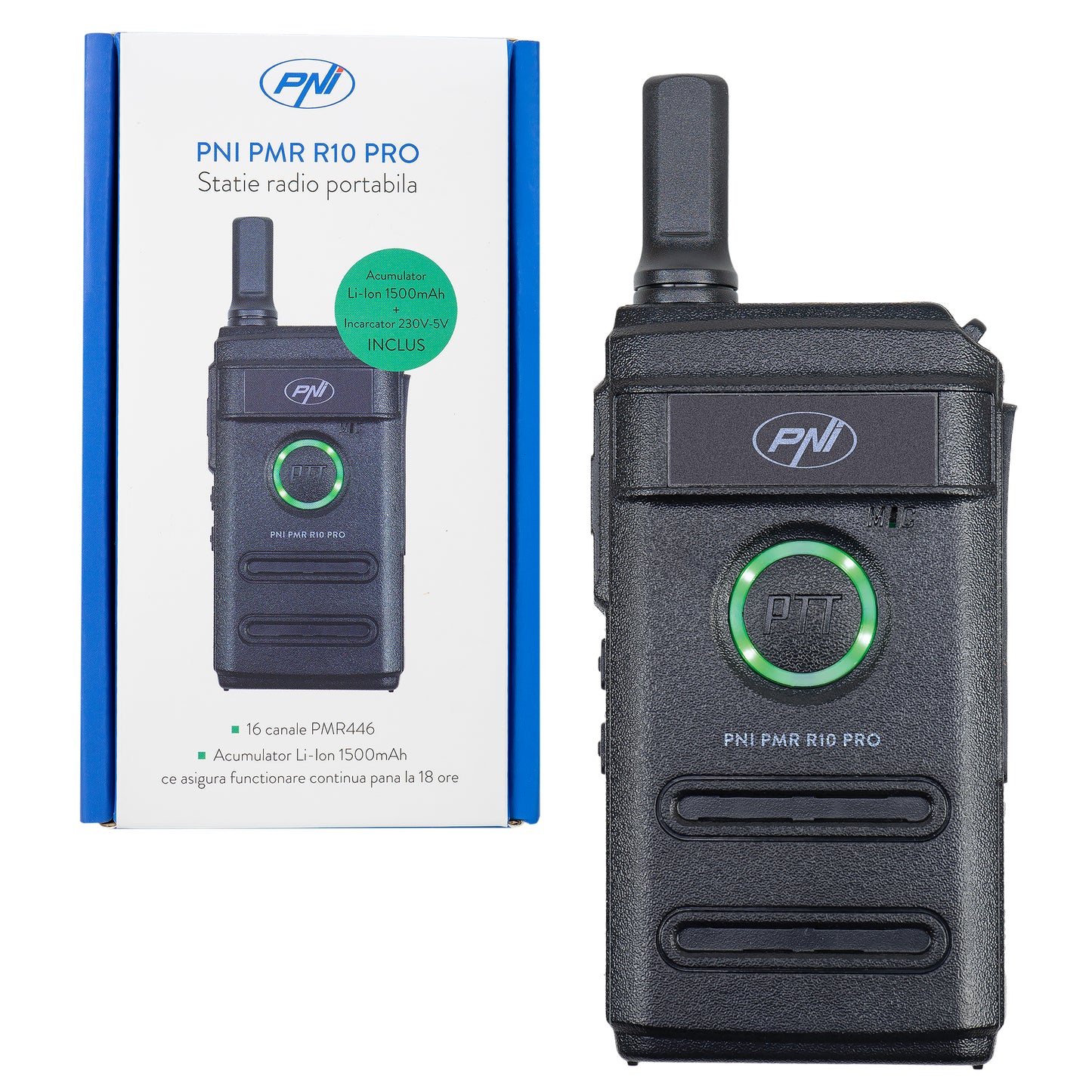 Statie radio portabila PNI PMR R10 PRO, 446MHz, 0.5W, 16 canale programabile, 16 PMR si tonuri 50 CTCSS si 104 DCS, Monitor, Scan